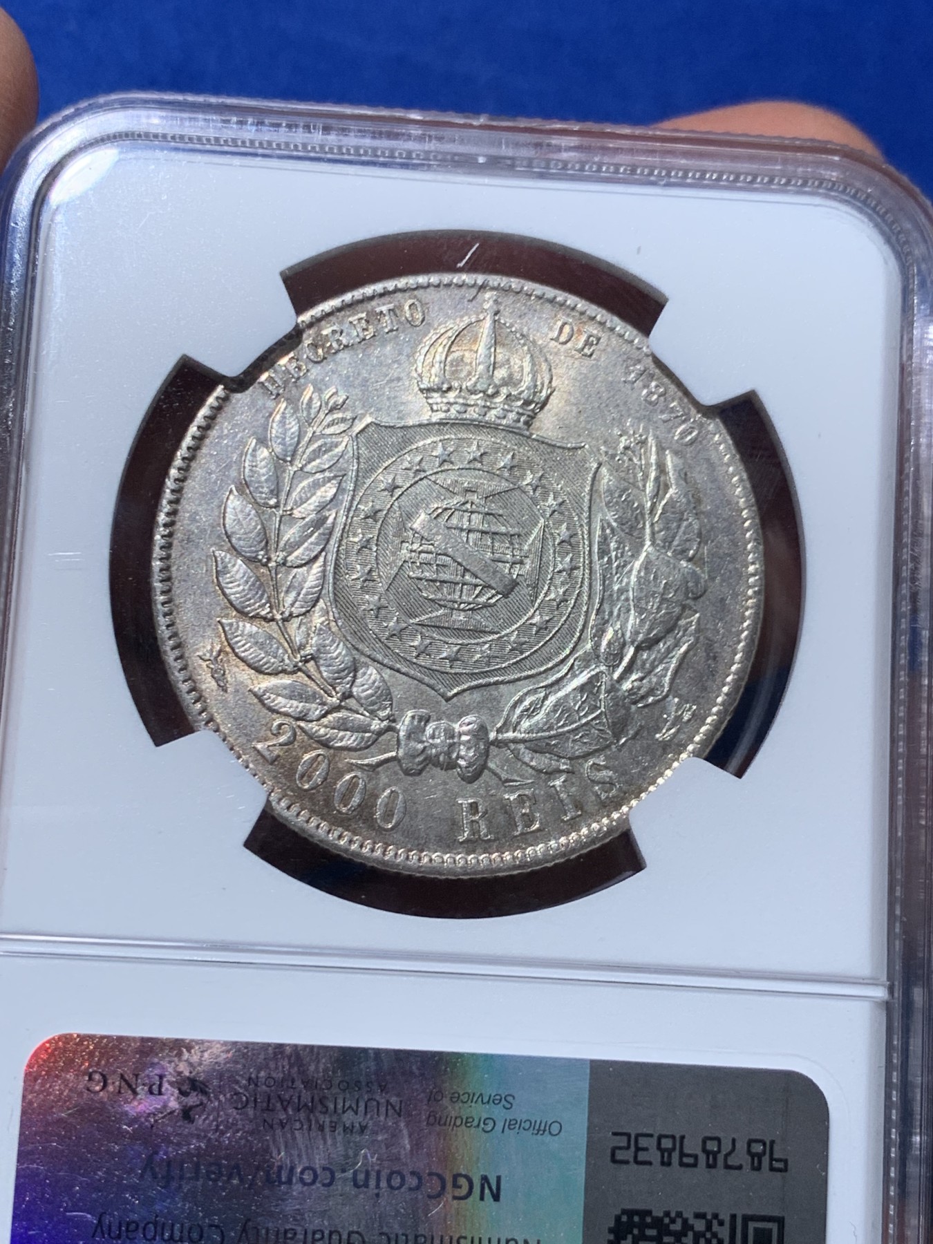《竞宝斋》第251场-周日，周一2场连拍 (全场包邮) NGC UNCD 巴西帝国1888年2000瑞斯银币，佩德罗二世像，原味包浆，转光流畅，币面未见清洗痕迹，严评错杀，大热吉祥特年。