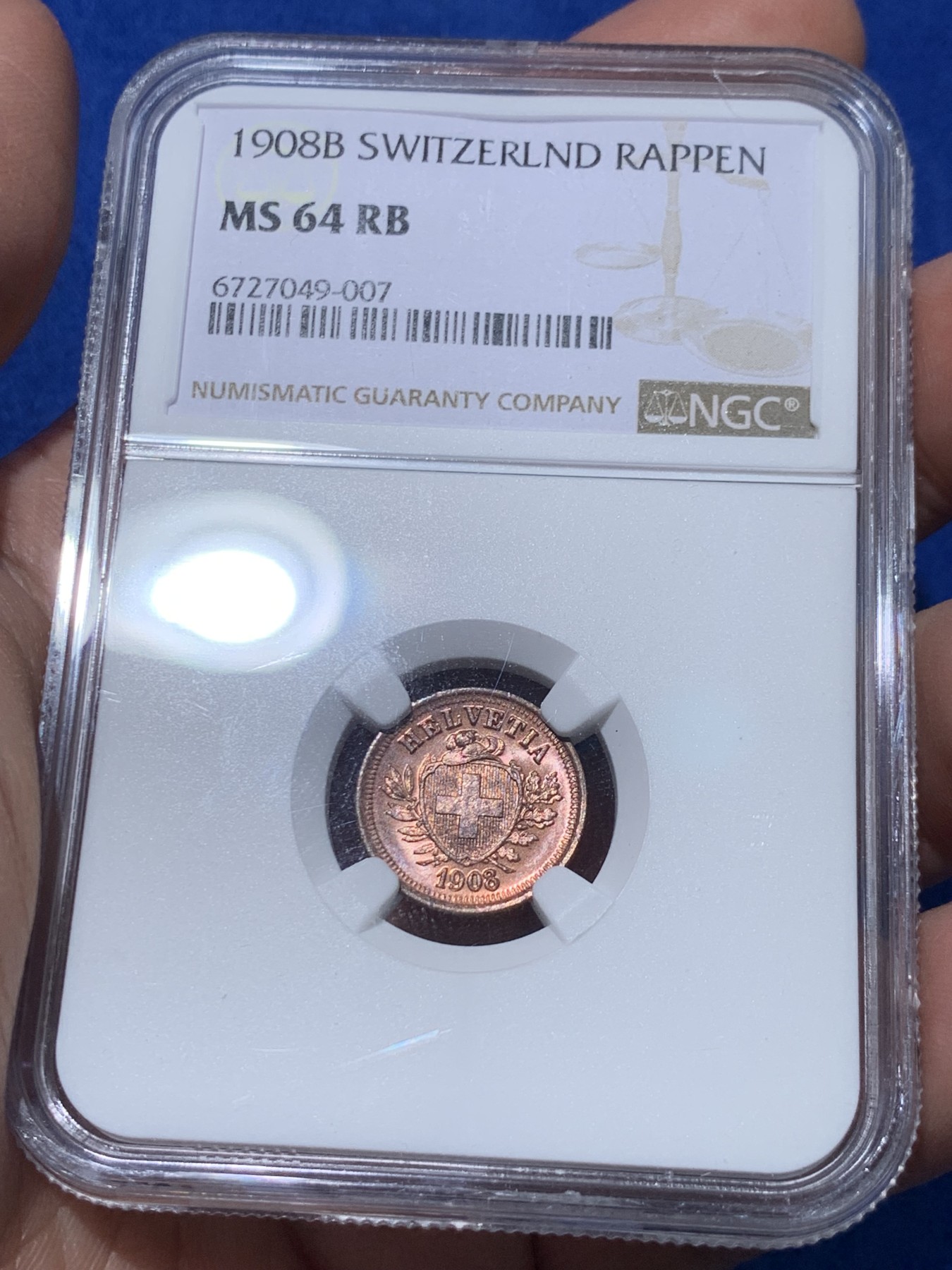 《竞宝斋》第251场-周日，周一2场连拍 (全场包邮) NGC MS64RB 1908年瑞士1拉庞铜币，强镜面底板，近RD状态，原铜光闪闪