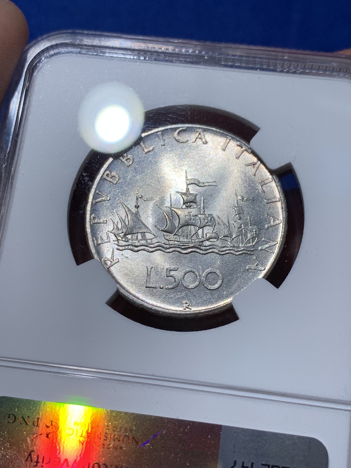 《竞宝斋》第251场-周日，周一2场连拍 (全场包邮) NGC UNC 意大利1958年500里拉银币 漂亮人妻带点彩 年份少见