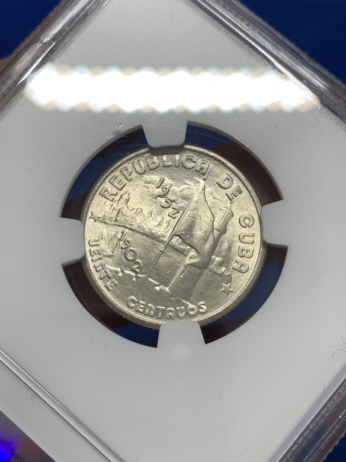 《竞宝斋》第251场-周日，周一2场连拍 (全场包邮) NGC MS64 古巴 1952年 50周年纪念 20分银币 分数不错