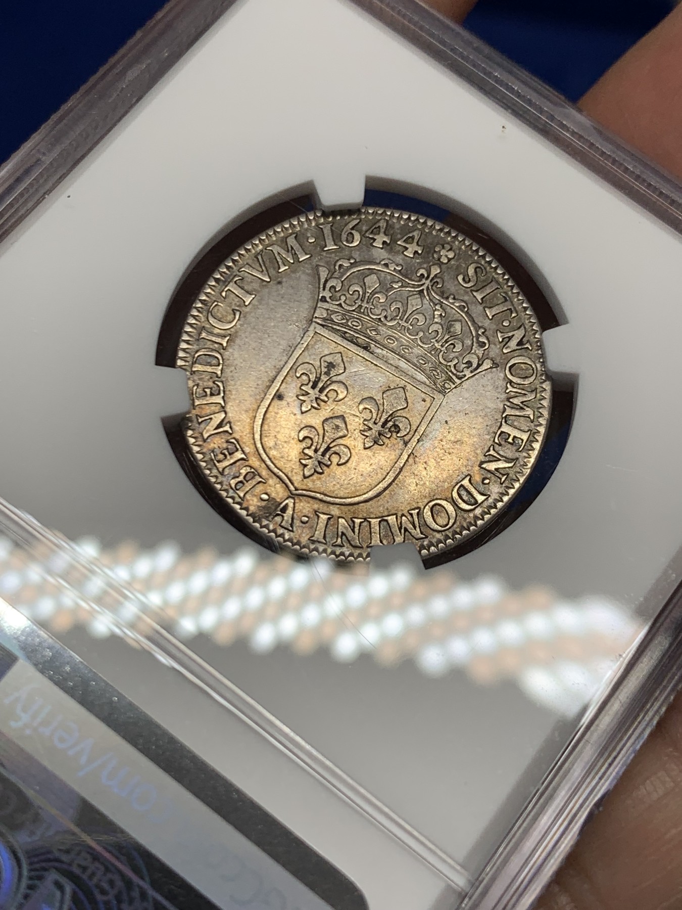 《竞宝斋》第251场-周日，周一2场连拍 (全场包邮) NGC XF45 1644年 法国路易十四少年版1/4埃居银币 深打带点彩无减重痕 埃居常见小规格带分的难见