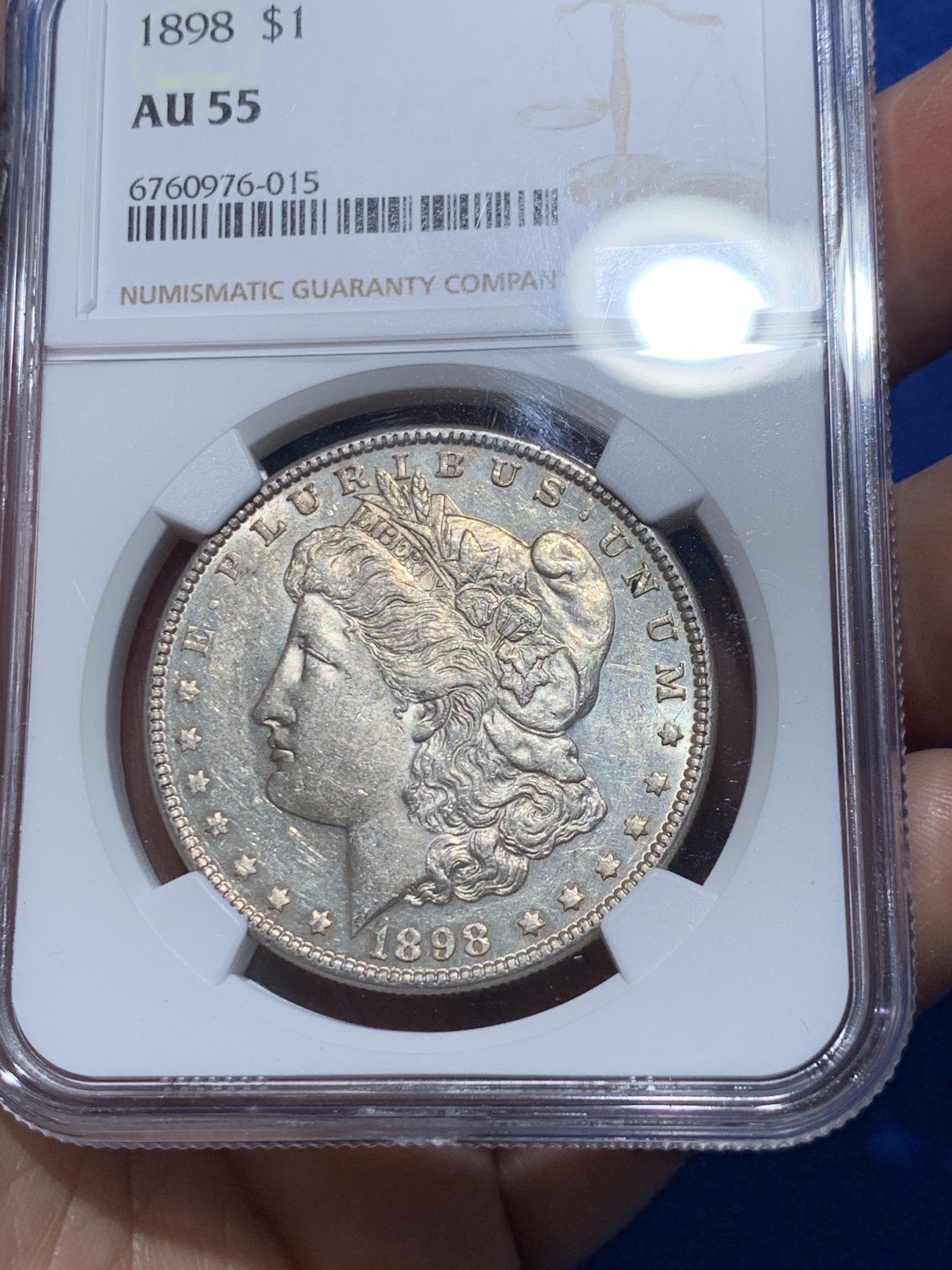 《竞宝斋》第251场-周日，周一2场连拍 (全场包邮) NGC AU55 美国1898年摩根银币 挺少见的年份版别 值得收藏