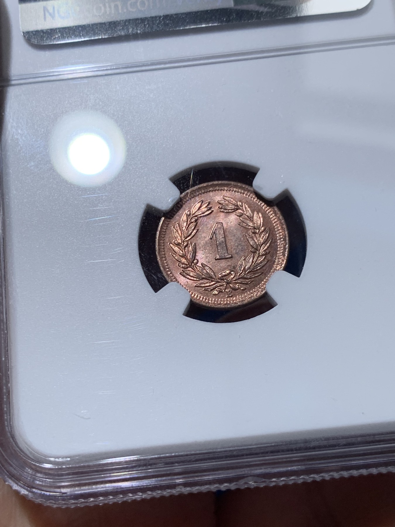 《竞宝斋》第251场-周日，周一2场连拍 (全场包邮) NGC MS64RB 1908年瑞士1拉庞铜币，强镜面底板，近RD状态，原铜光闪闪