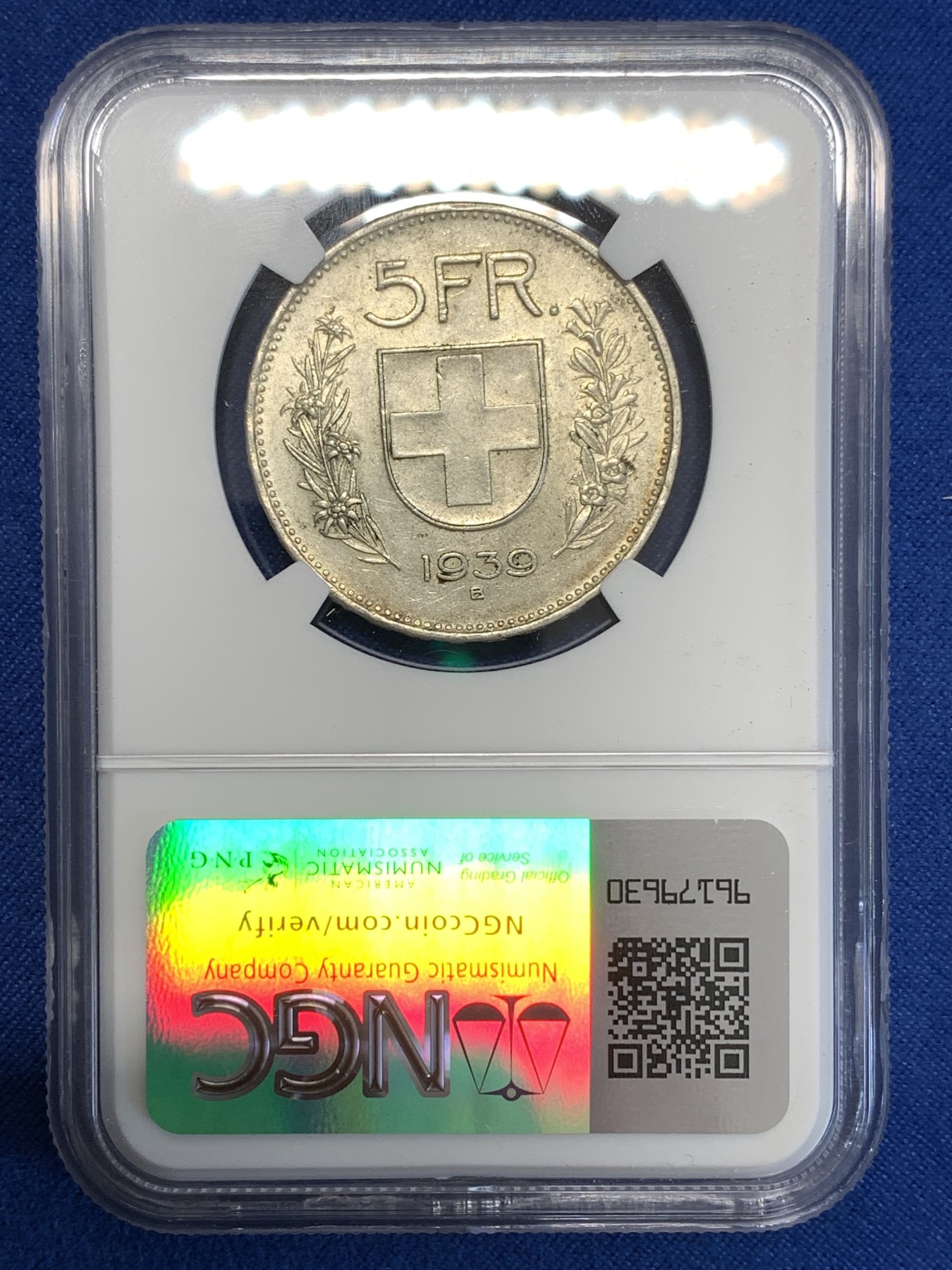 《竞宝斋》第251场-周日，周一2场连拍 (全场包邮) NGC AU58 瑞士1939年威廉泰尔5法郎银币