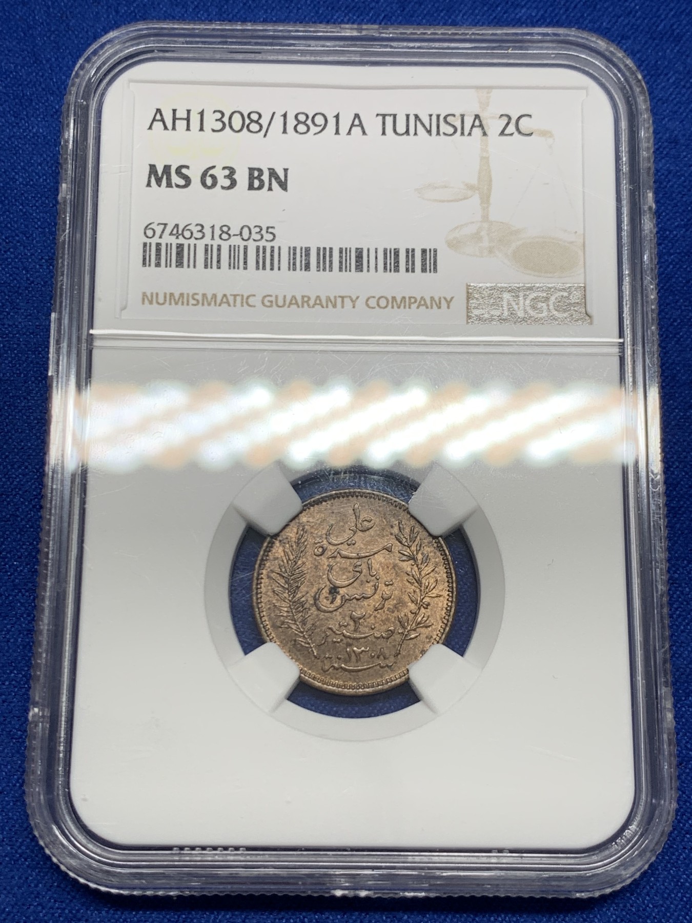 《竞宝斋》第251场-周日，周一2场连拍 (全场包邮) NGC MS63BN 突尼斯 AH1308/1891 2分 铜币，富有特色的伊斯兰风格，流通充分，MS少见