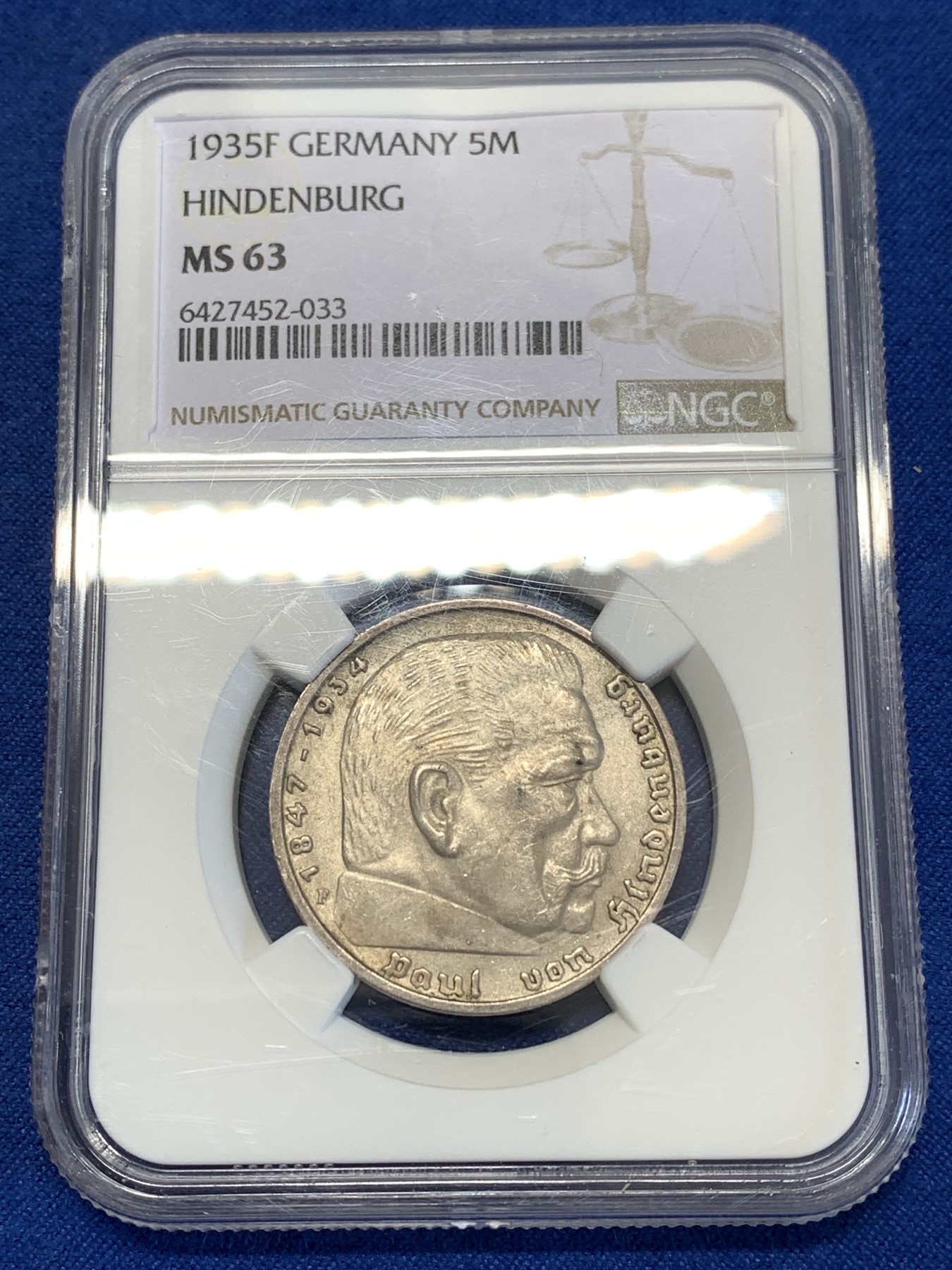 《竞宝斋》第251场-周日，周一2场连拍 (全场包邮) NGC MS63 德国1935年兴登堡5马克银币 鹰版