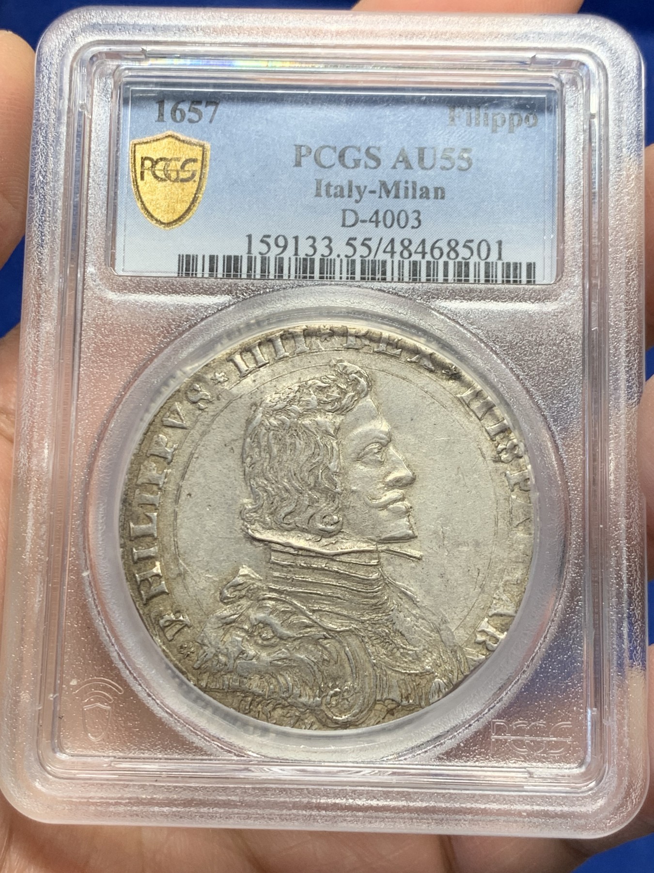 《竞宝斋》第251场-周日，周一2场连拍 (全场包邮) PCGS AU55 1657年米兰公国菲利普四世Filippo大银币 低评，状态上佳，高点和纹章细节都在，比后期的卡洛斯二世少很多