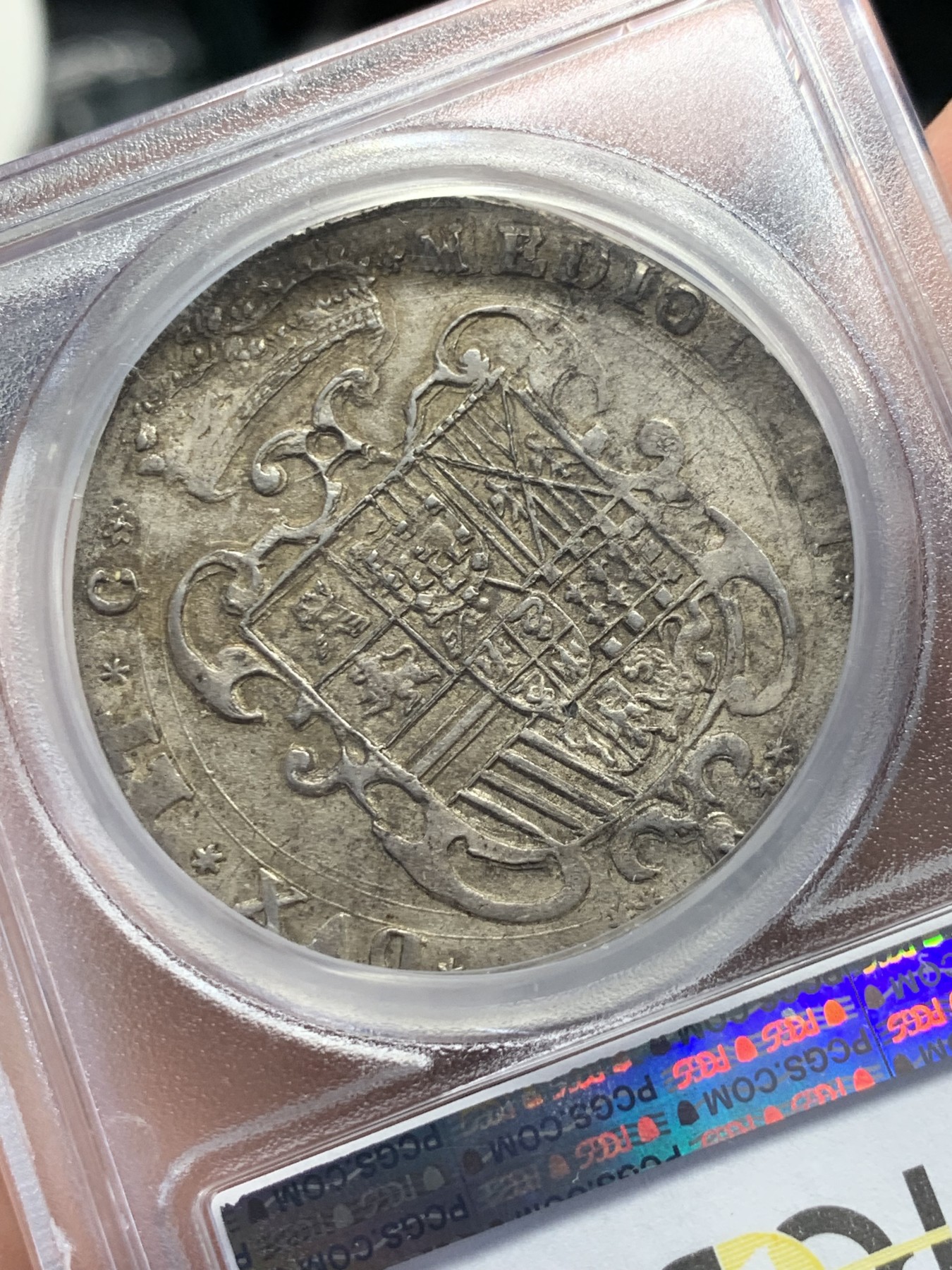 《竞宝斋》第251场-周日，周一2场连拍 (全场包邮) PCGS AU55 1657年米兰公国菲利普四世Filippo大银币 低评，状态上佳，高点和纹章细节都在，比后期的卡洛斯二世少很多