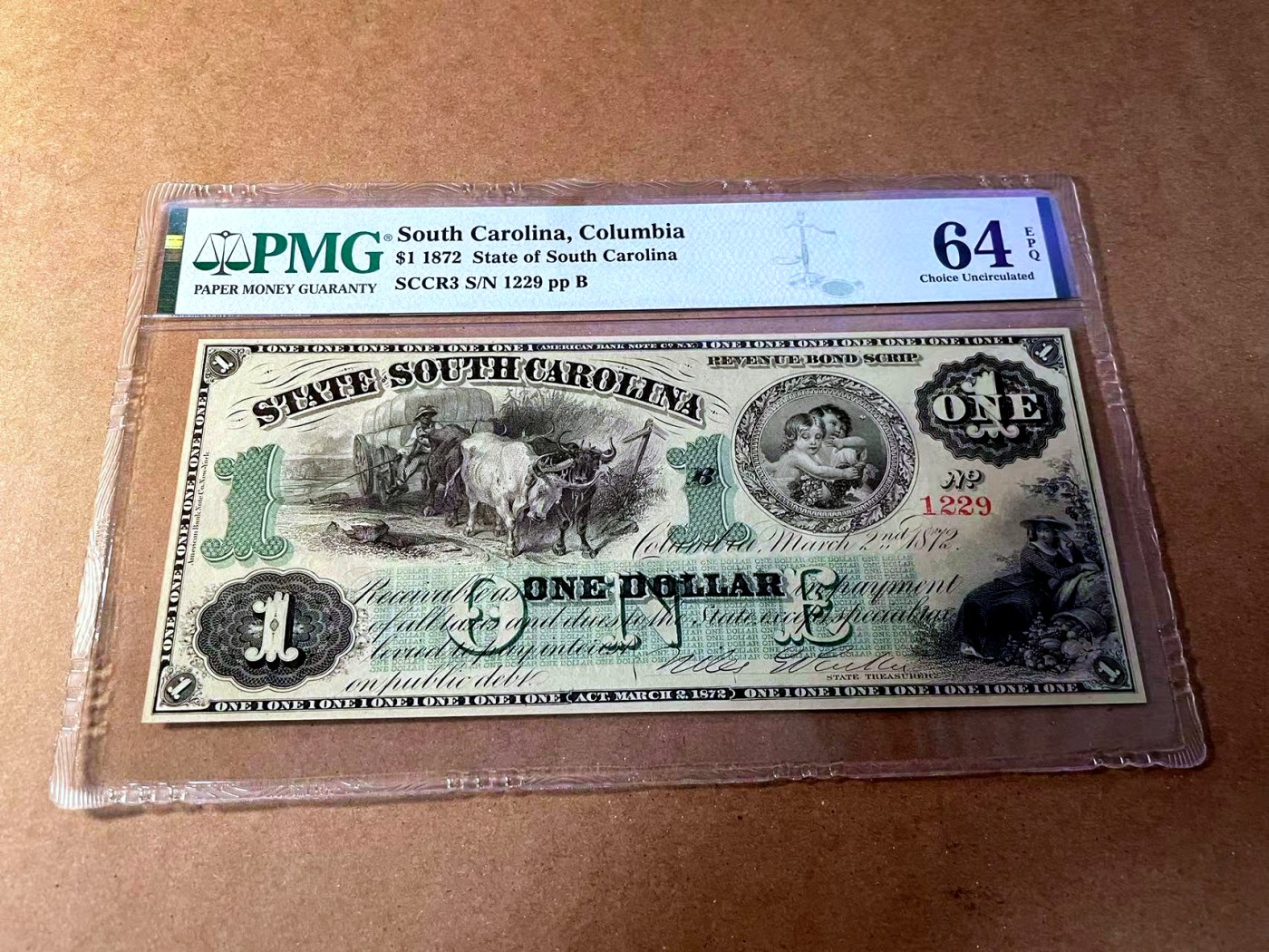 【Blue Auction】✨世界纸币精拍第453期【精】 【带签名 1229号】美国 南卡州 1872年1美金 该套最少见面值 PMG64EPQ 双面设计精美
