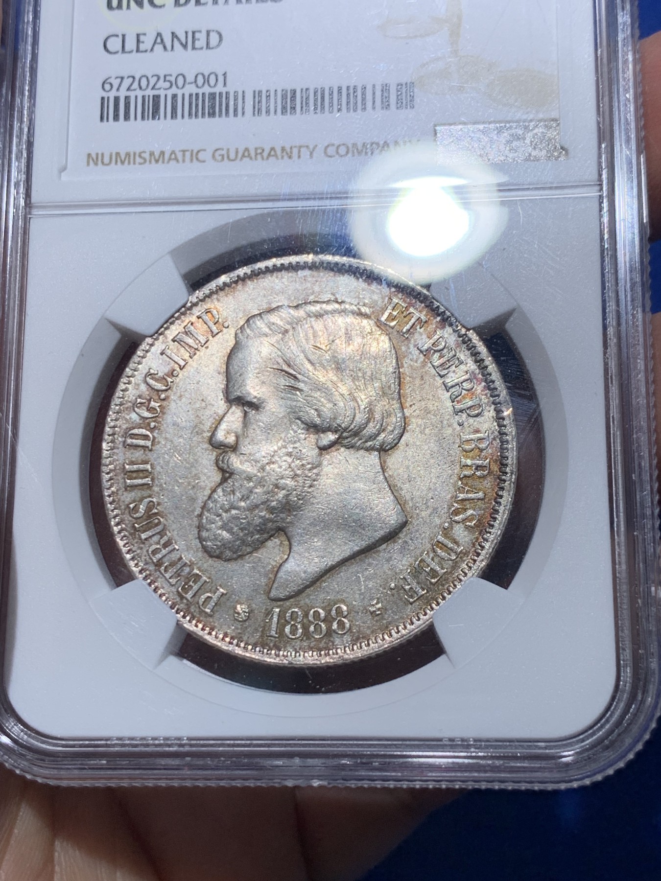 《竞宝斋》第251场-周日，周一2场连拍 (全场包邮) NGC UNCD 巴西帝国1888年2000瑞斯银币，佩德罗二世像，原味包浆，转光流畅，币面未见清洗痕迹，严评错杀，大热吉祥特年。