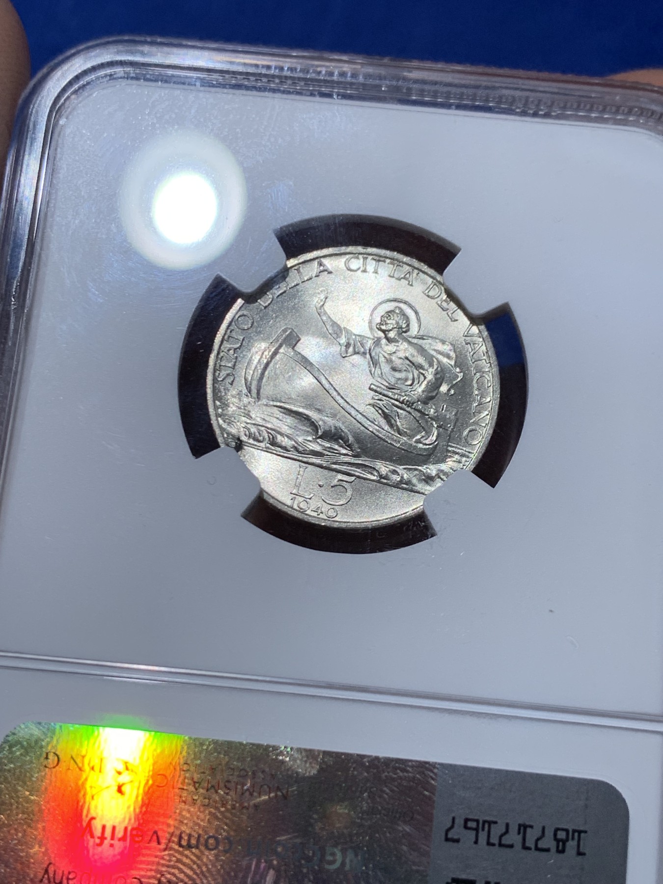 《竞宝斋》第251场-周日，周一2场连拍 (全场包邮) NGC MS65 梵蒂冈1940年小船5里拉银币