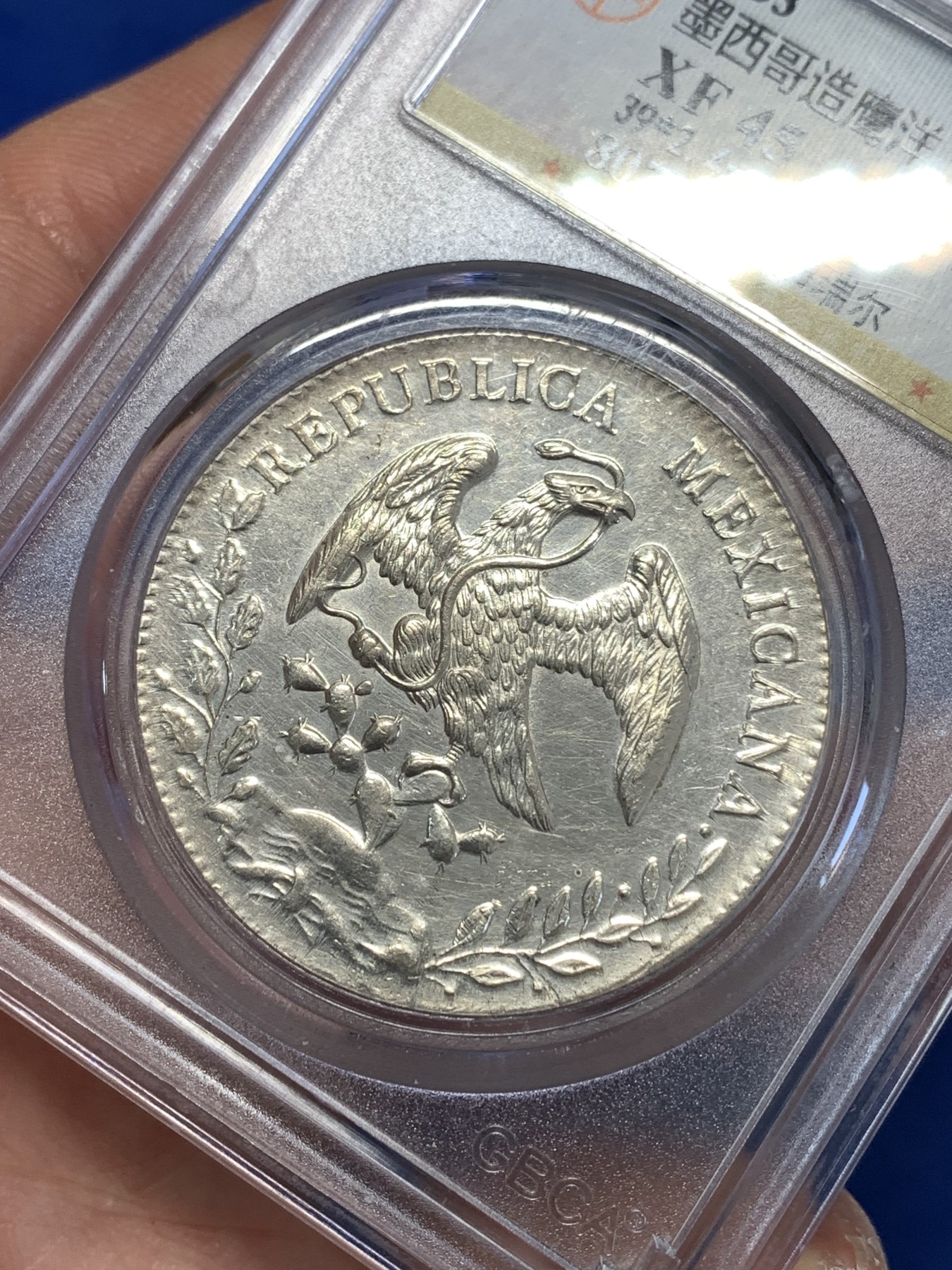 《竞宝斋》第251场-周日，周一2场连拍 (全场包邮) 公博 XF45 墨西哥 1893 8瑞尔 鹰洋 银币 GA厂 分数不高但GA厂比较少见