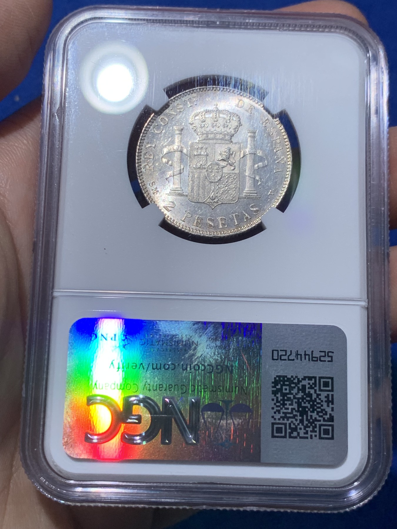 《竞宝斋》第251场-周日，周一2场连拍 (全场包邮) NGC MS61 西班牙1905阿方索十三世2比塞塔银币