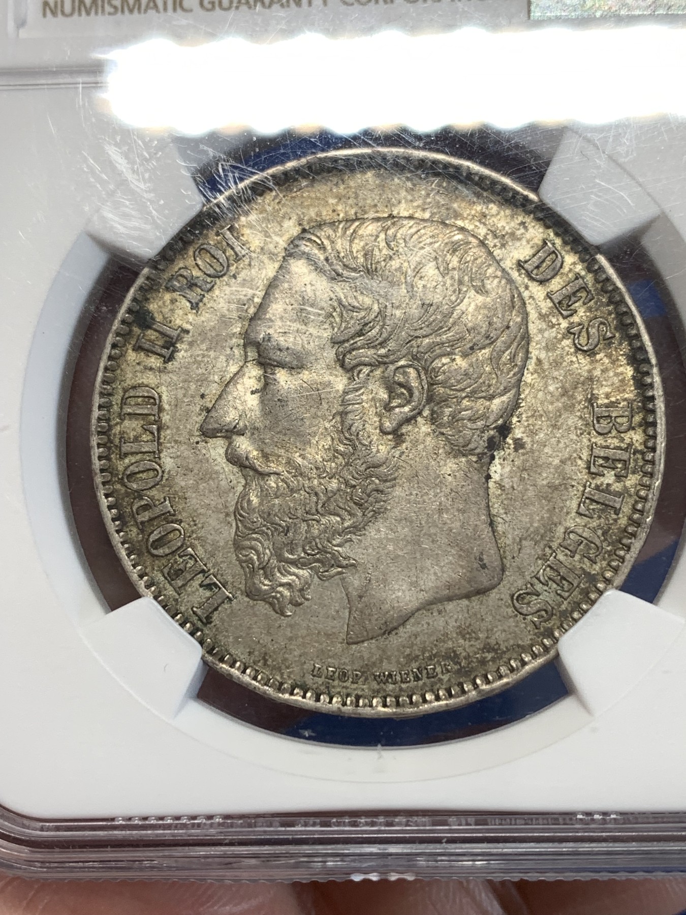 《竞宝斋》第251场-周日，周一2场连拍 (全场包邮) NGC UNCD 比利时 1868年 利奥波德二世 （小头版）5法郎大银币