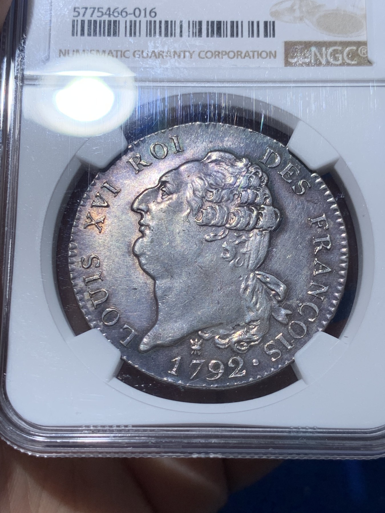 《竞宝斋》第251场-周日，周一2场连拍 (全场包邮) NGC MS61 法国1792年少见利摩日厂天使埃居银币 南部薰衣草凝紫包浆 头像深耸无矫正痕打制完美 这个品种没有矫正痕的好品难以觅得