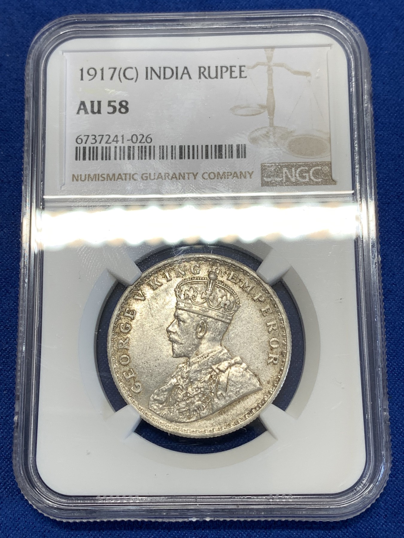 《竞宝斋》第251场-周日，周一2场连拍 (全场包邮) NGC AU58 英属印度 1917年 C版 乔五 1卢比银币