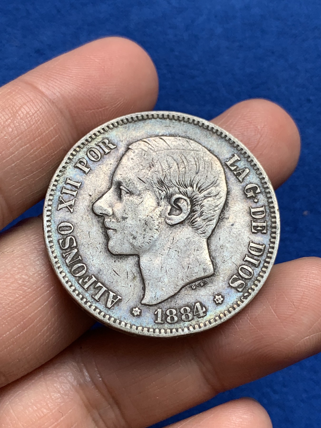 《竞宝斋》第251场-周日，周一2场连拍 (全场包邮) 西班牙1884年 阿方索十二世 5比塞塔双柱大银币