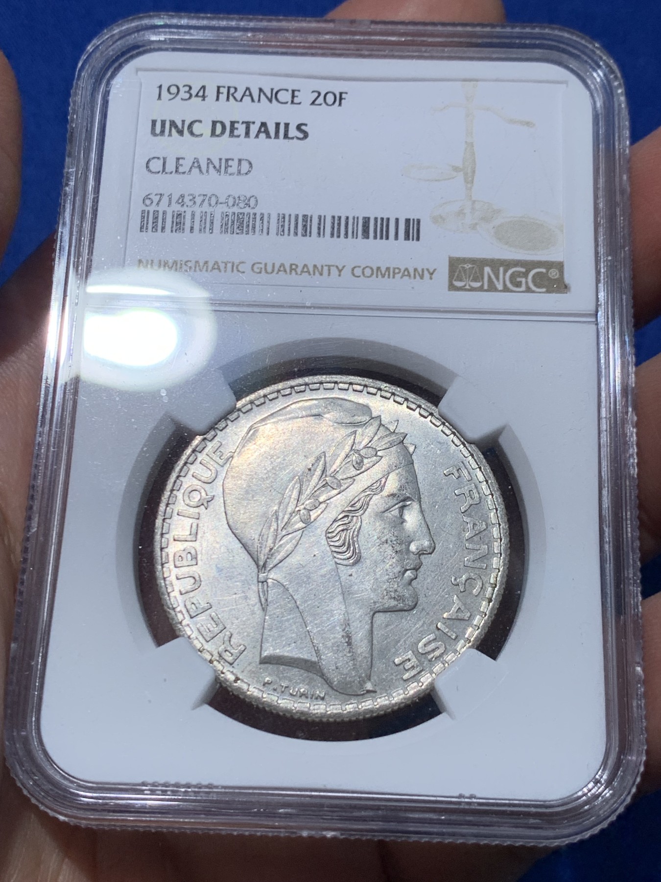 《竞宝斋》第251场-周日，周一2场连拍 (全场包邮) NGC UNCD 法国1934年谷物女神20法郎大银币