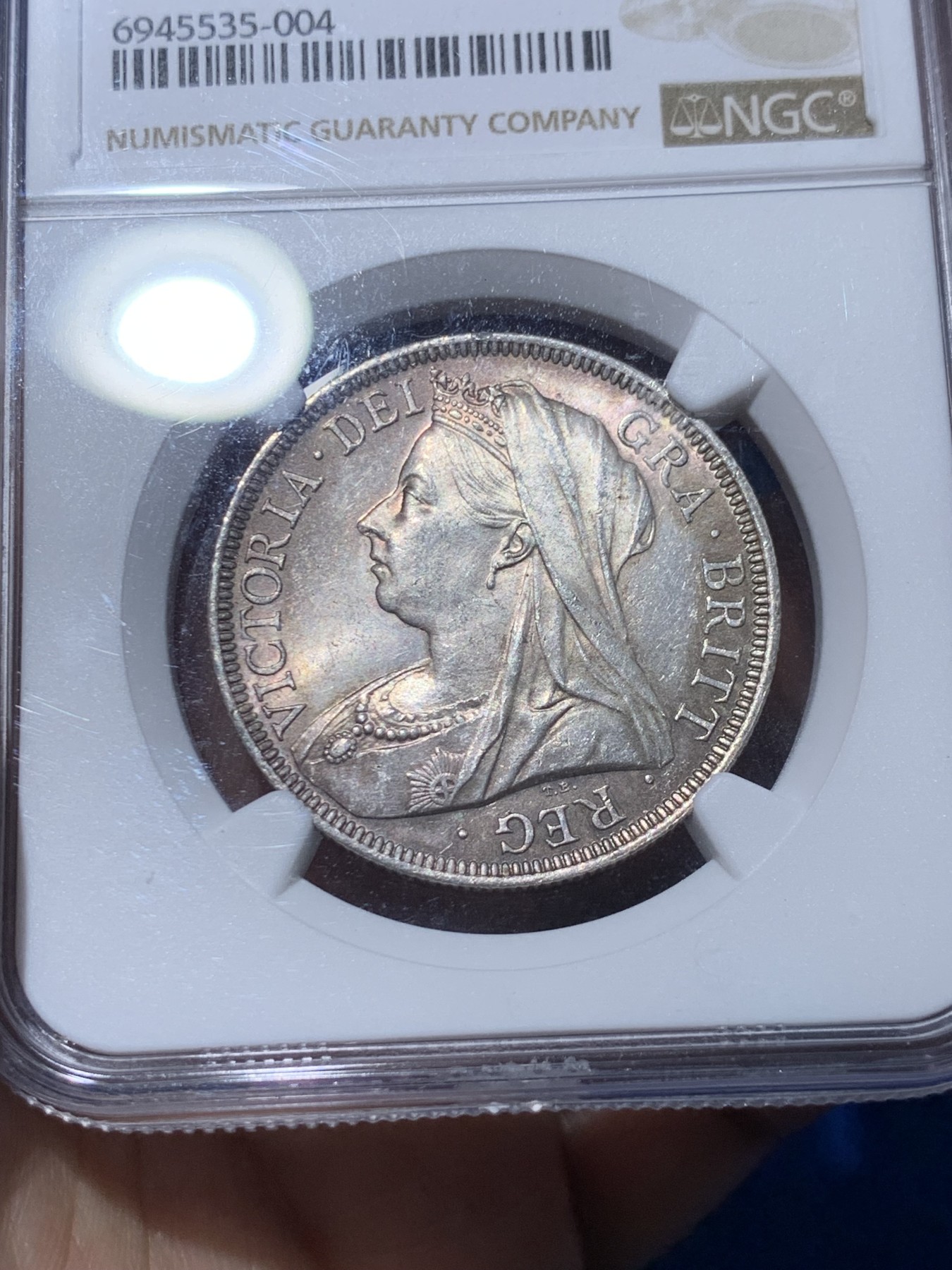 《竞宝斋》第251场-周日，周一2场连拍 (全场包邮) NGC MS63 1900年英国维多利亚女王披纱半克朗银币，淡淡的金彩包浆，阳光下绚烂夺目。