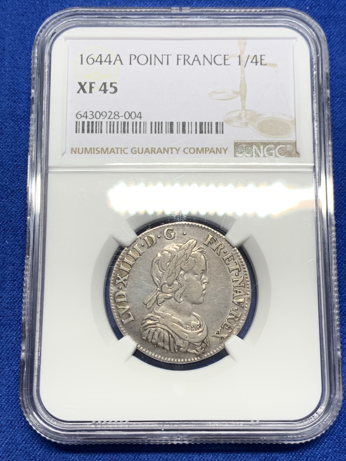《竞宝斋》第251场-周日，周一2场连拍 (全场包邮) NGC XF45 1644年 法国路易十四少年版1/4埃居银币 深打带点彩无减重痕 埃居常见小规格带分的难见