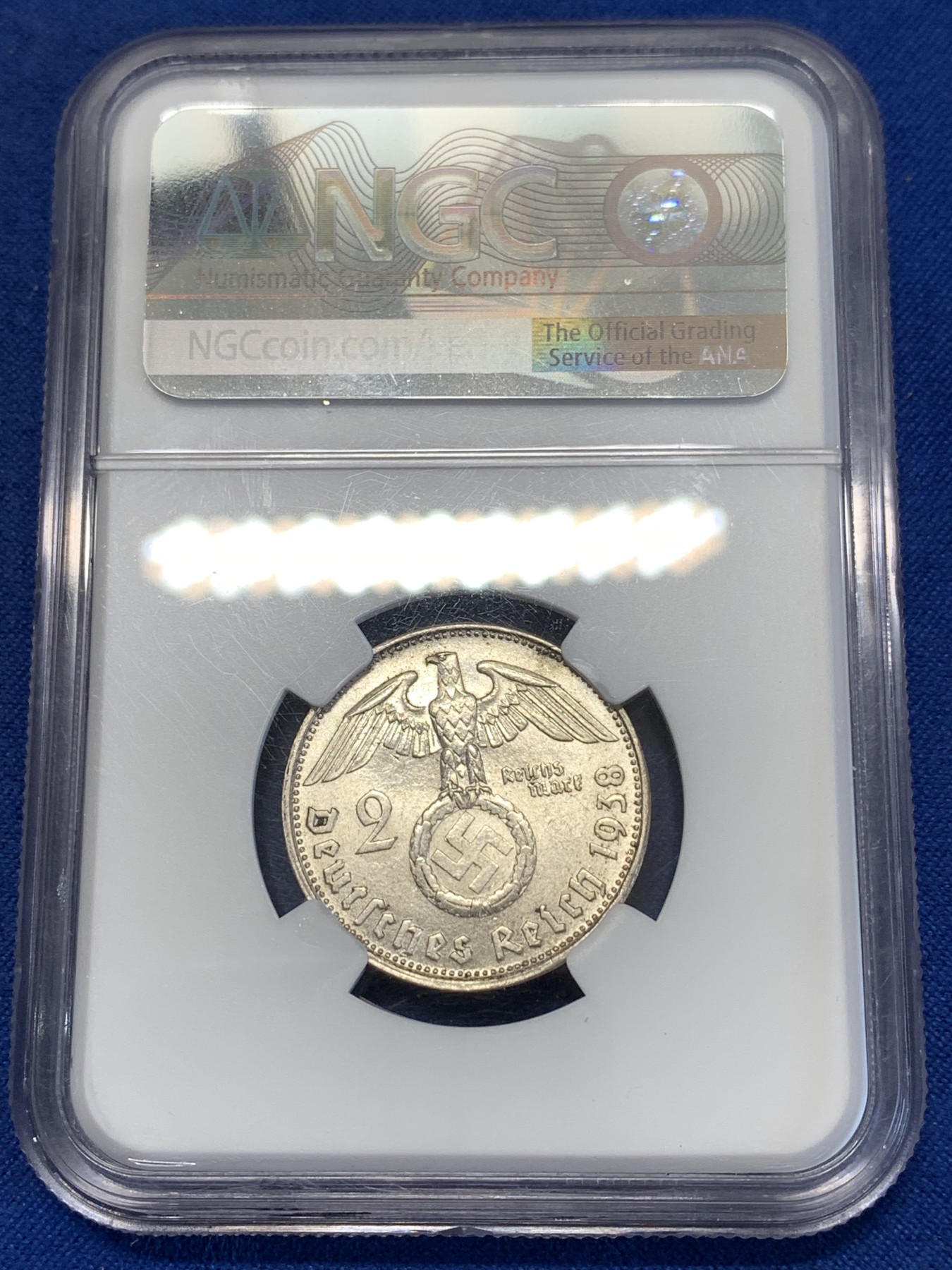 《竞宝斋》第251场-周日，周一2场连拍 (全场包邮) NGC MS63 德国1938年B厂兴登堡2马克银币