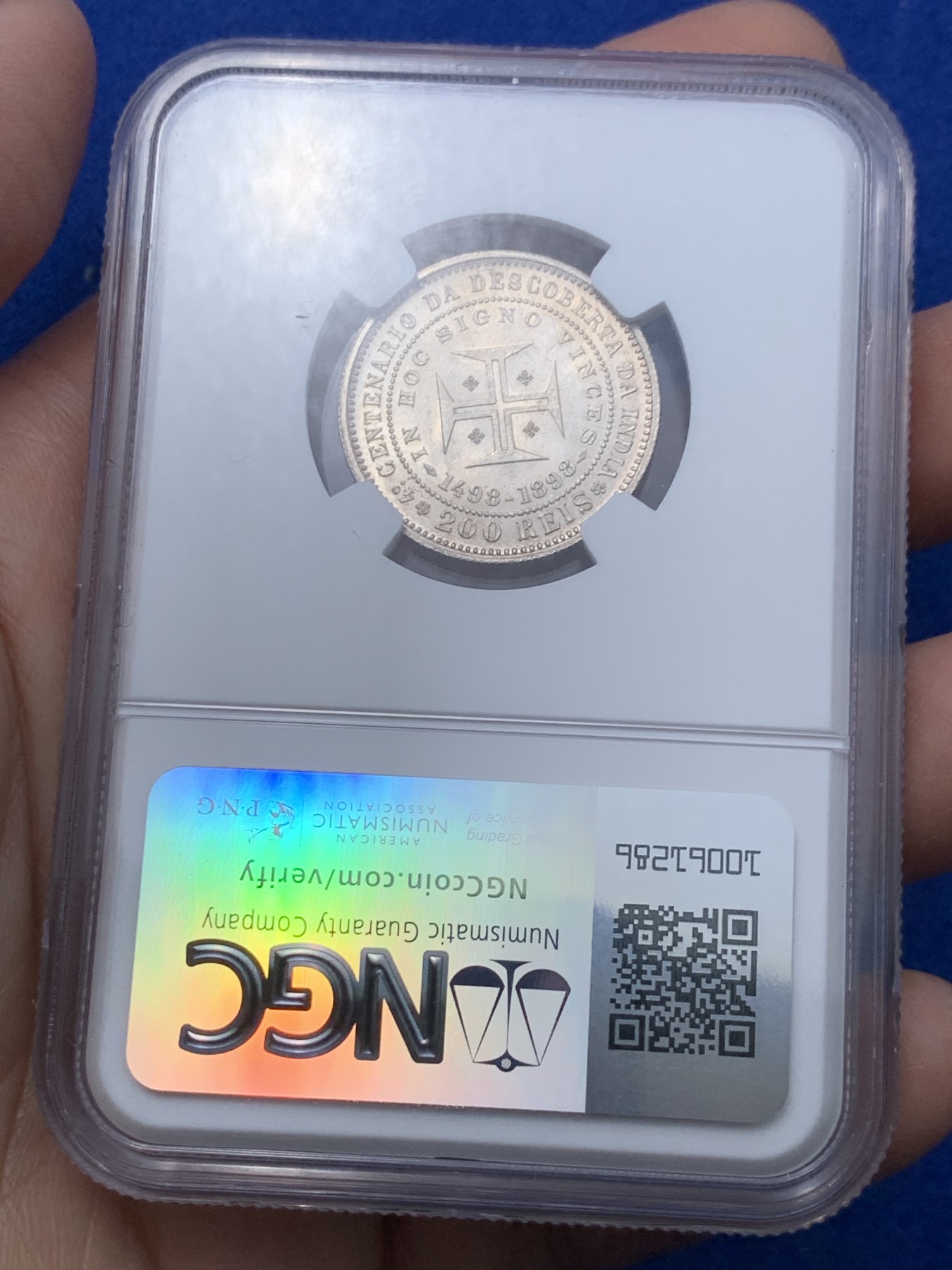 《竞宝斋》第251场-周日，周一2场连拍 (全场包邮) NGC MS63 葡萄牙1898年发现印度戎装版200瑞斯大银币