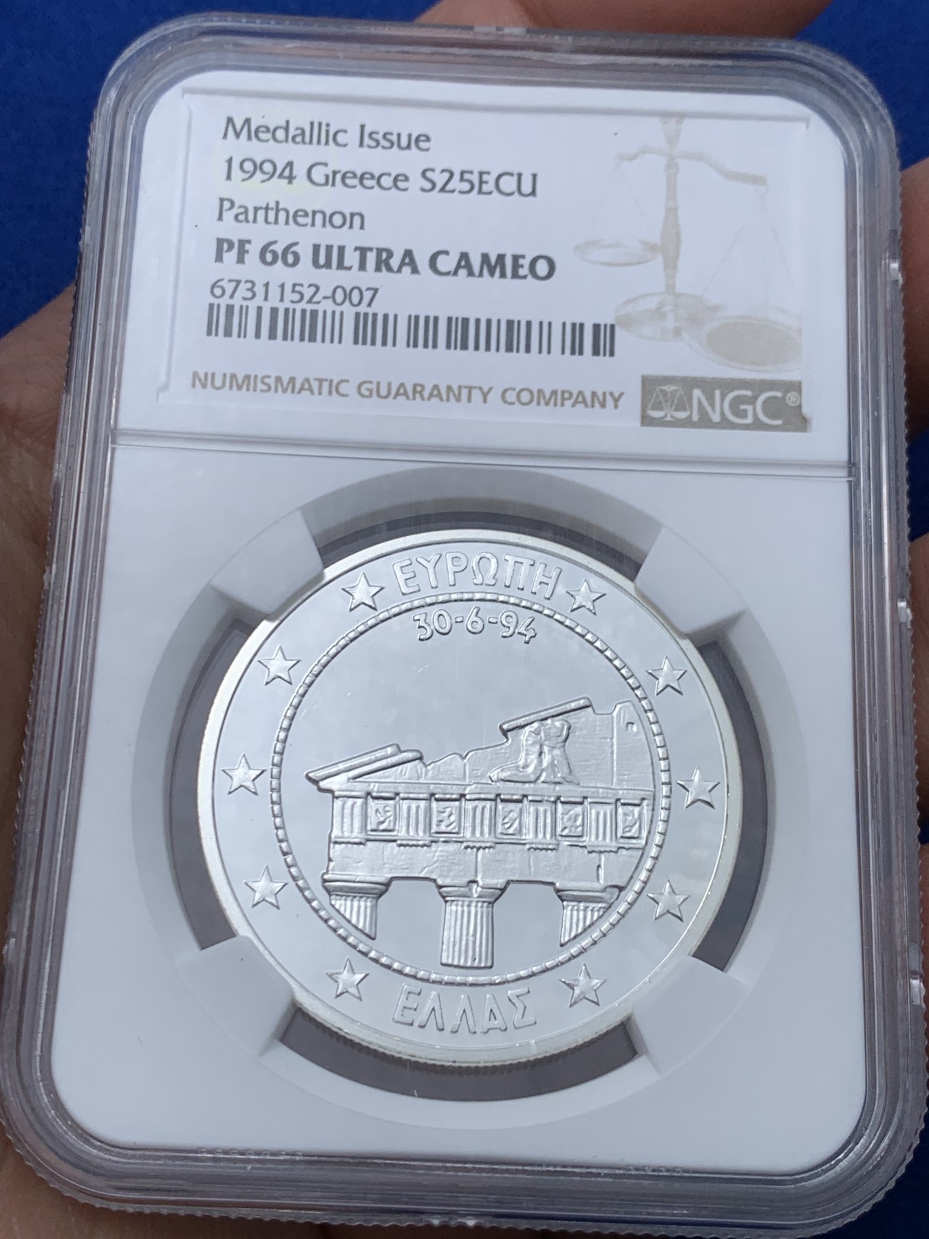 《竞宝斋》第251场-周日，周一2场连拍 (全场包邮) NGC PF66UC 希腊1994年帕特农神庙精制银币 少见品种 造型精美