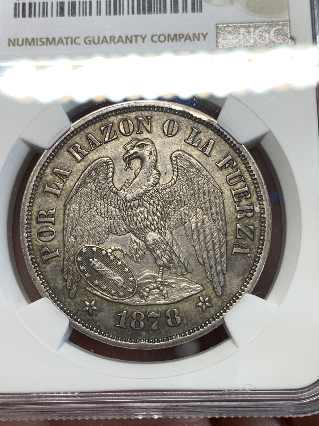 《竞宝斋》第251场-周日，周一2场连拍 (全场包邮) NGC AUD 1878年智利雄鹰原味比索大银