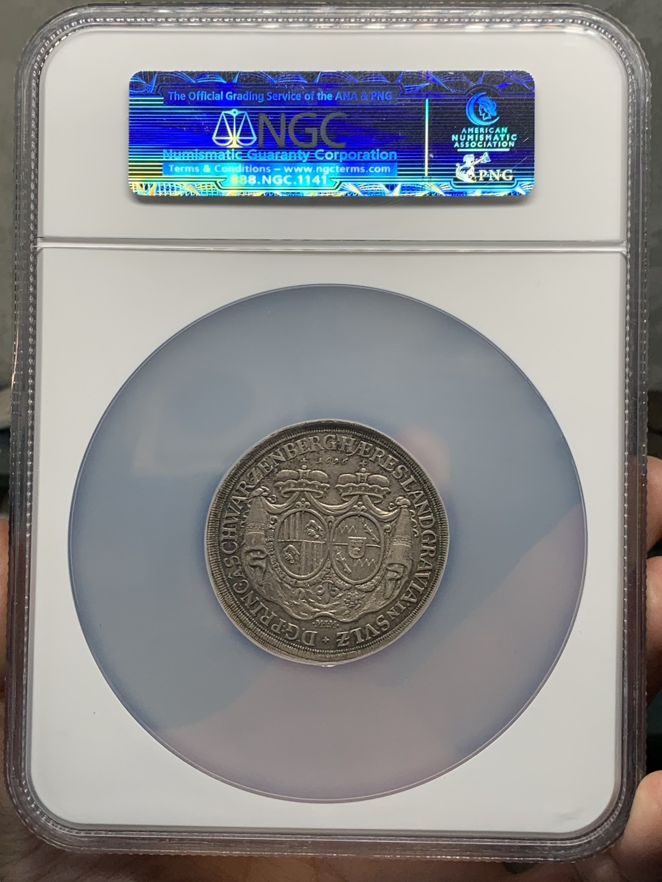 《竞宝斋》第251场-周日，周一2场连拍 (全场包邮) NGC AU58 德国1696施瓦岑贝格 双头泰勒大银币，费迪南和玛利亚安娜结婚纪念，季军分。