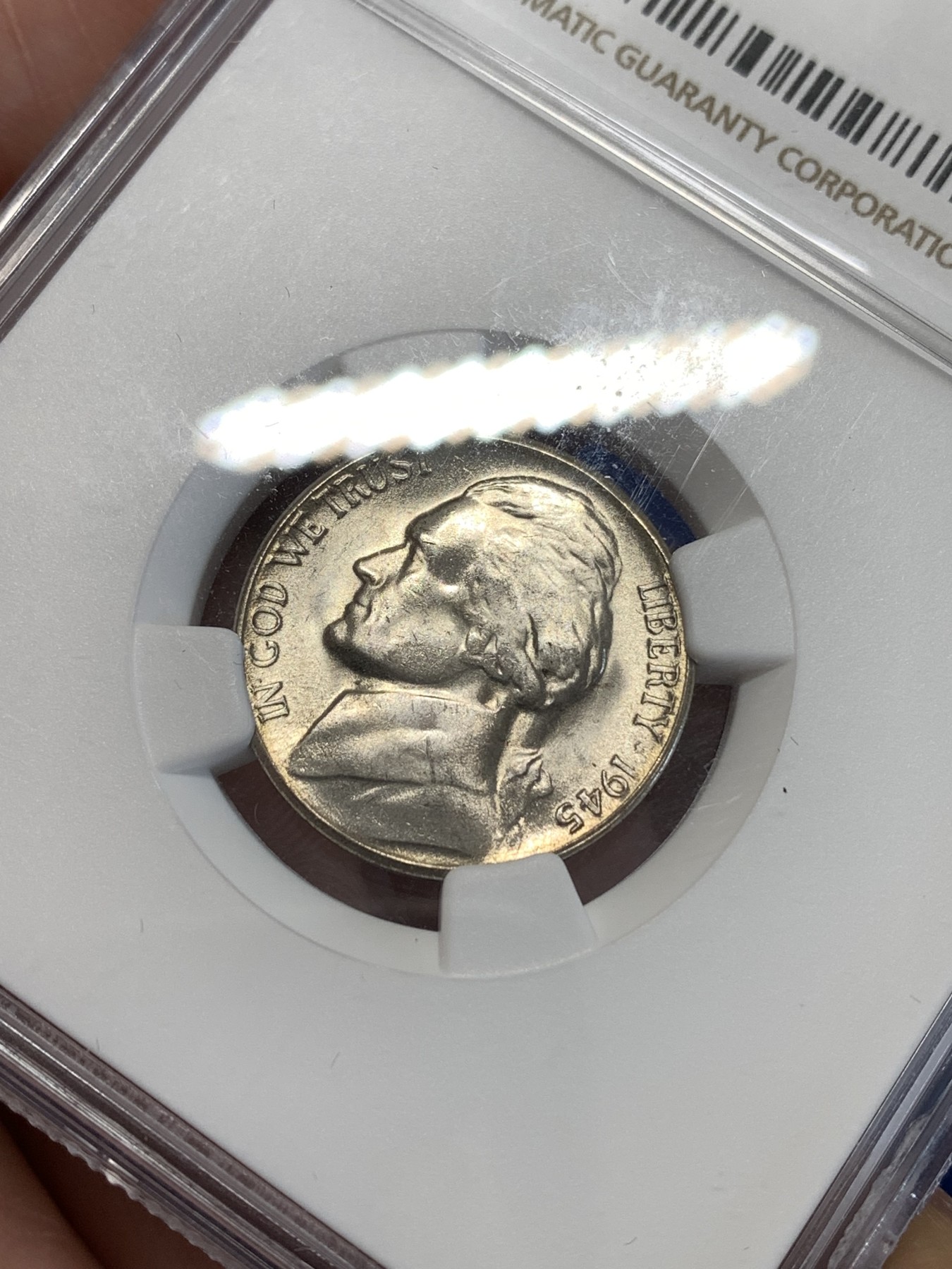 《竞宝斋》第251场-周日，周一2场连拍 (全场包邮) NGC MS64 美国1945年杰弗逊战时5美分（含银版，仅1942-45战时版含银）