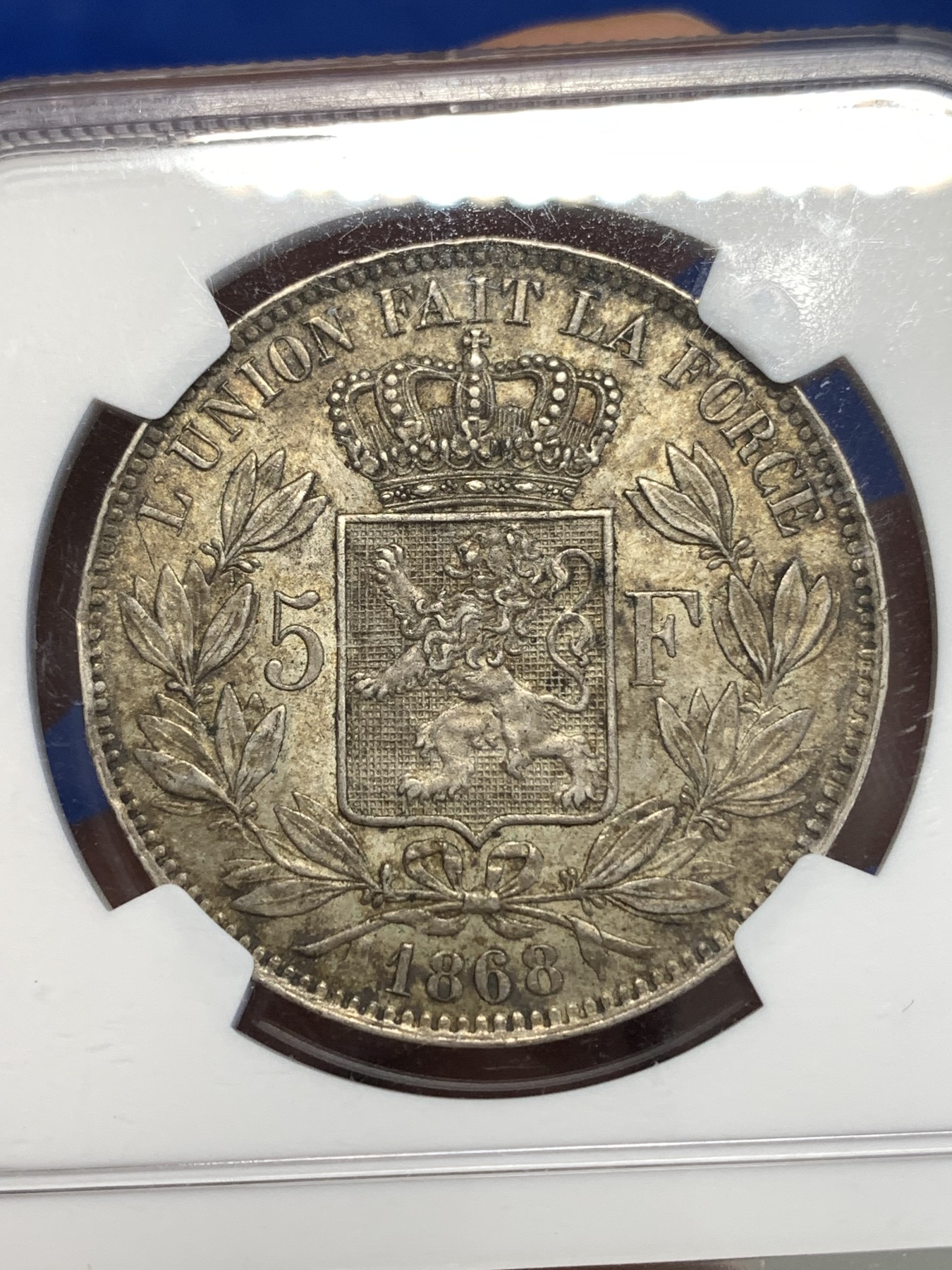 《竞宝斋》第251场-周日，周一2场连拍 (全场包邮) NGC UNCD 比利时 1868年 利奥波德二世 （小头版）5法郎大银币