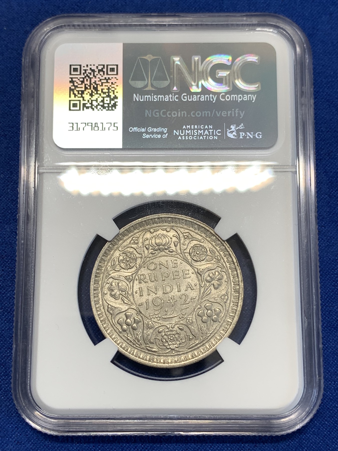 《竞宝斋》第251场-周日，周一2场连拍 (全场包邮) NGC MS63 英属印度1942年卢比银币B版 原光好品 上手舒适