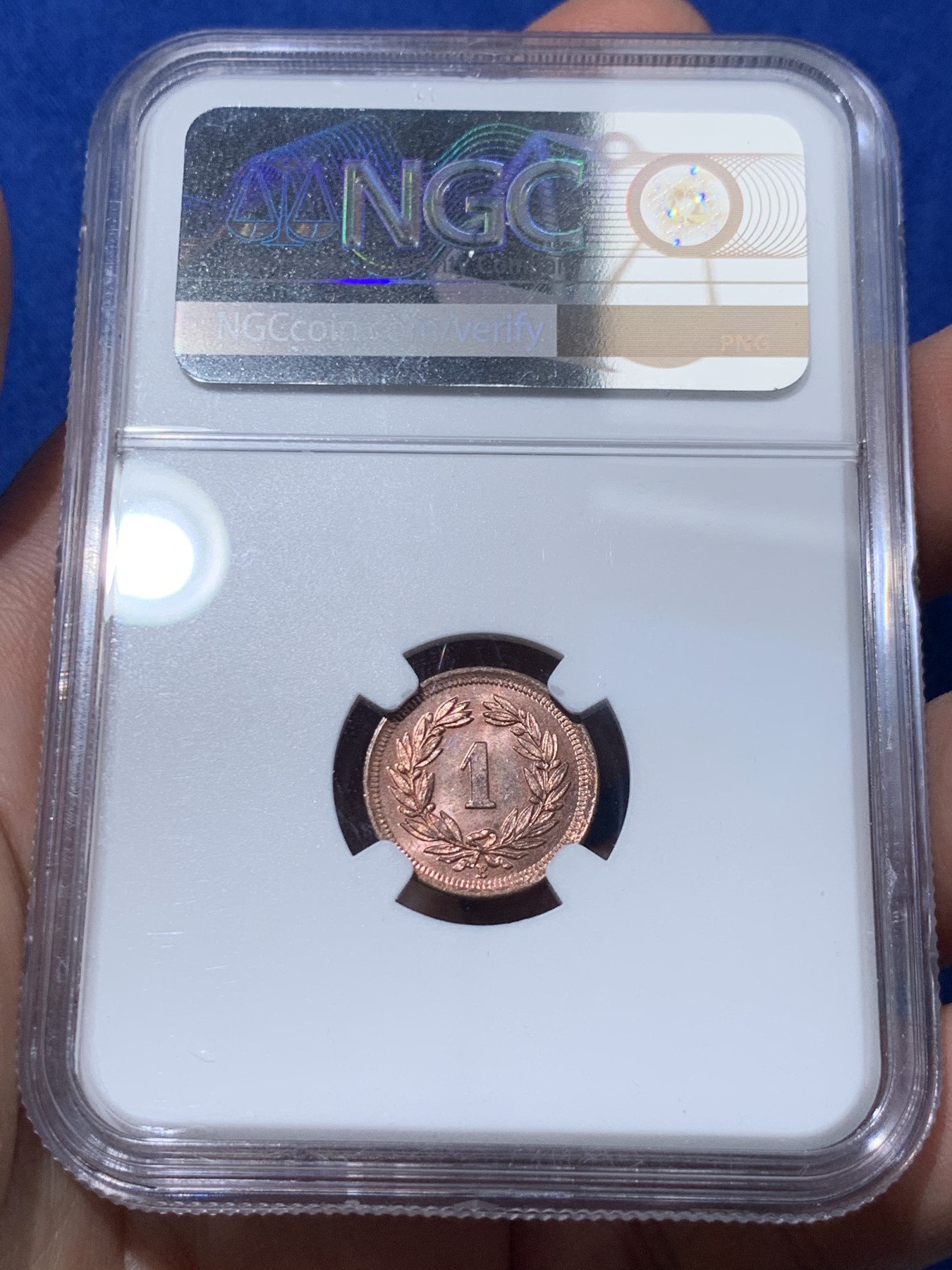 《竞宝斋》第251场-周日，周一2场连拍 (全场包邮) NGC MS64RB 1908年瑞士1拉庞铜币，强镜面底板，近RD状态，原铜光闪闪