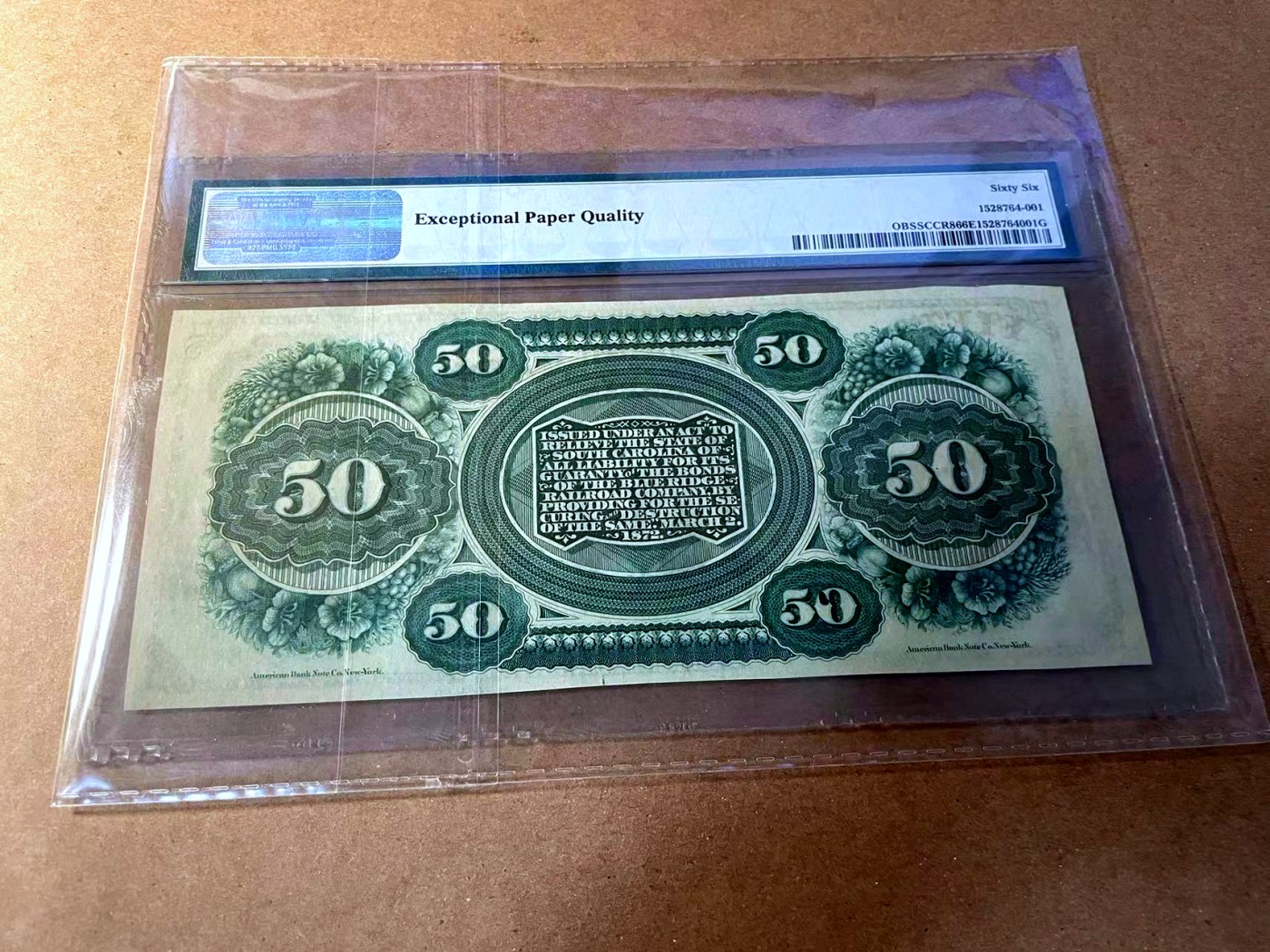 【Blue Auction】✨世界纸币精拍第453期【精】 【带签名 1055号】美国 南卡州 1872年50美金 最高值 华盛顿 PMG66EPQ 双面设计精美