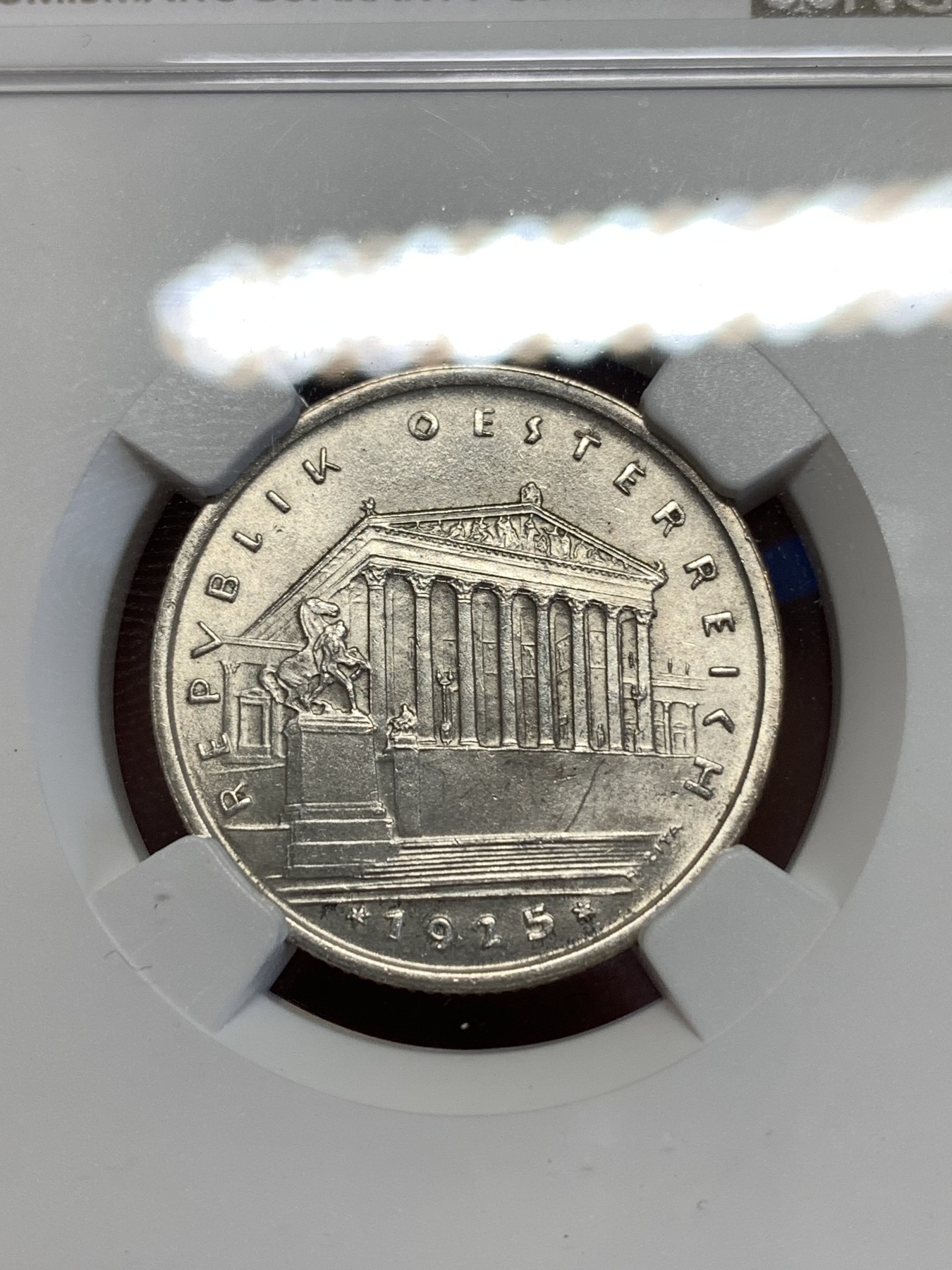 《竞宝斋》第251场-周日，周一2场连拍 (全场包邮) NGC MS63 奥地利1925年 1先令银币 早期年份