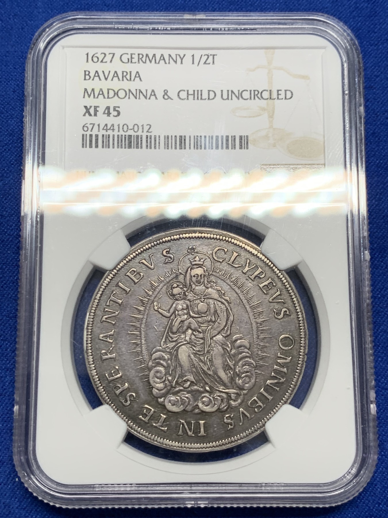 《竞宝斋》第251场-周日，周一2场连拍 (全场包邮) NGC XF45 德国 1627  巴伐利亚选侯国 圣母抱婴 1/2泰勒银币 打制均衡 包浆自然 少见品种