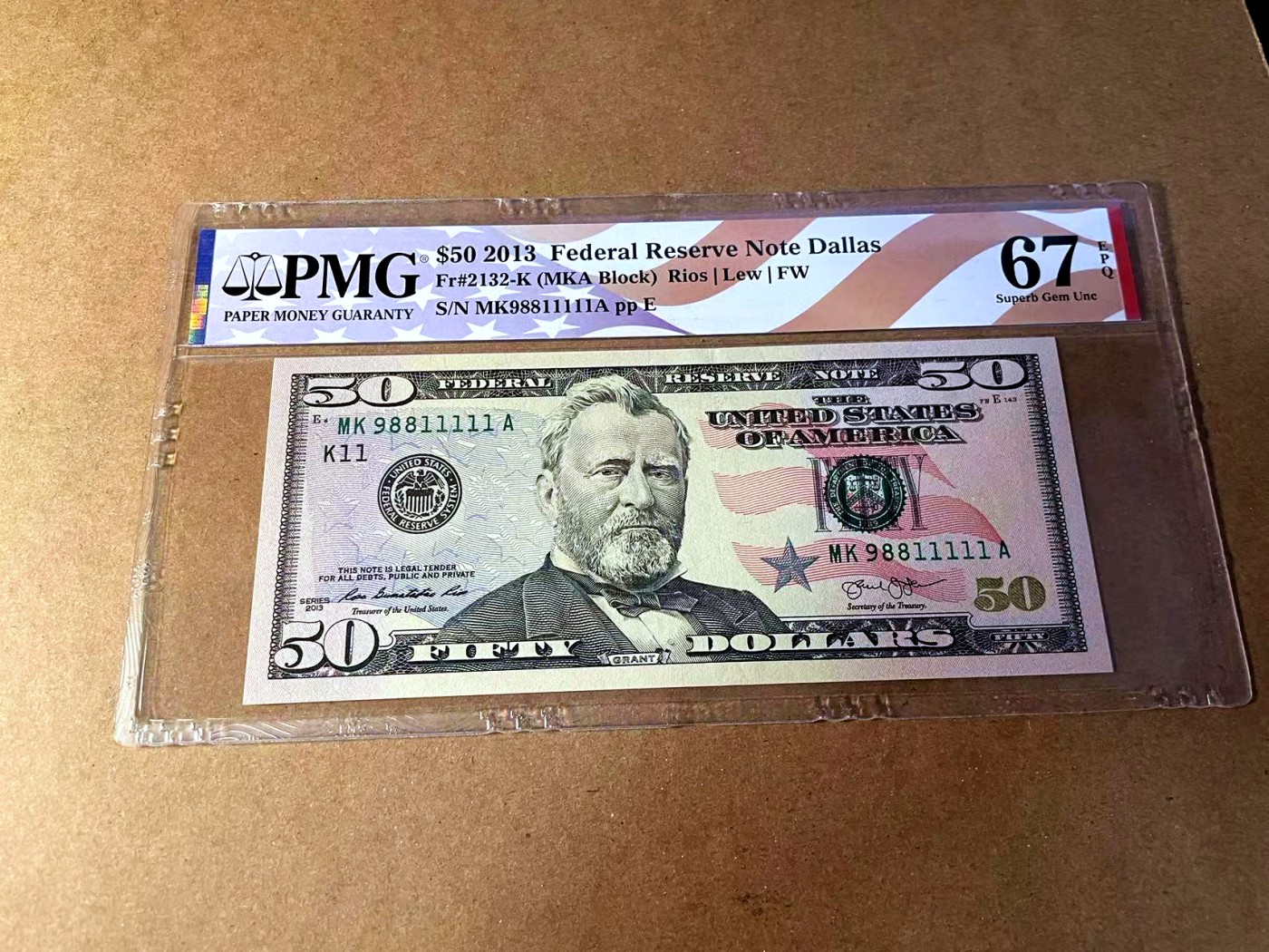 【Blue Auction】✨世界纸币精拍第453期【精】 【98811111老虎号 倒置号】美国 2013年50美金 PMG67EPQ 高分