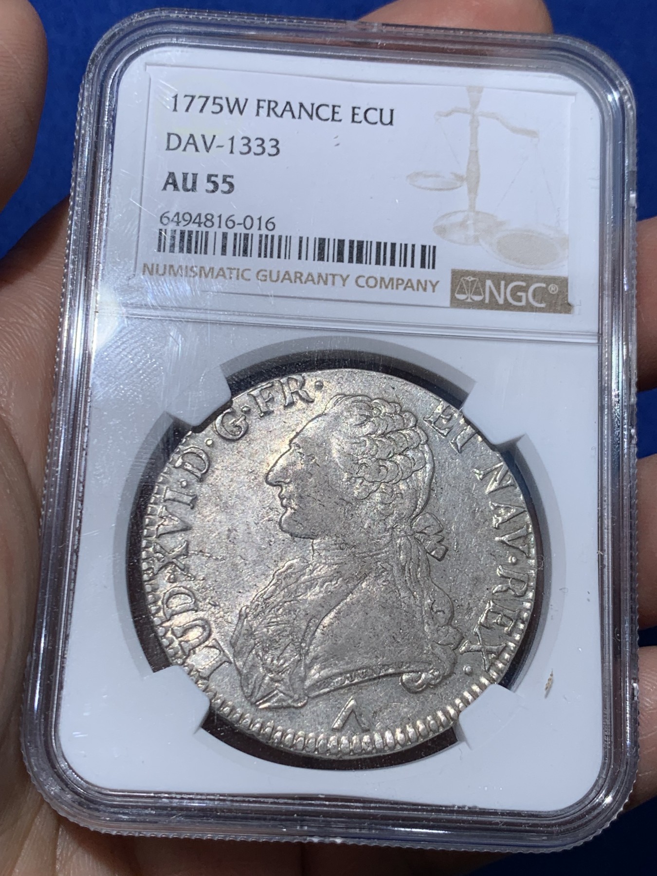 《竞宝斋》第251场-周日，周一2场连拍 (全场包邮) NGC AU55 1775年法国路易十六埃居 W版里尔厂首年铸造，虽然分不高，但是没有减重痕，打的也非常好，浅灰色包浆带光