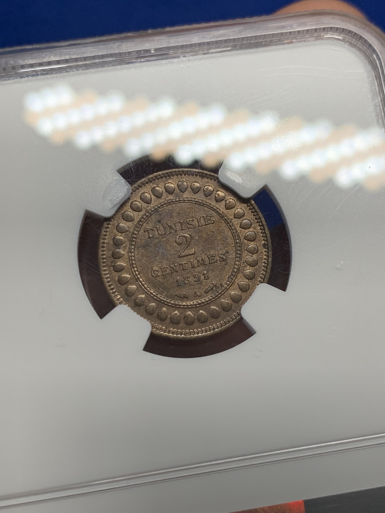 《竞宝斋》第251场-周日，周一2场连拍 (全场包邮) NGC MS63BN 突尼斯 AH1308/1891 2分 铜币，富有特色的伊斯兰风格，流通充分，MS少见