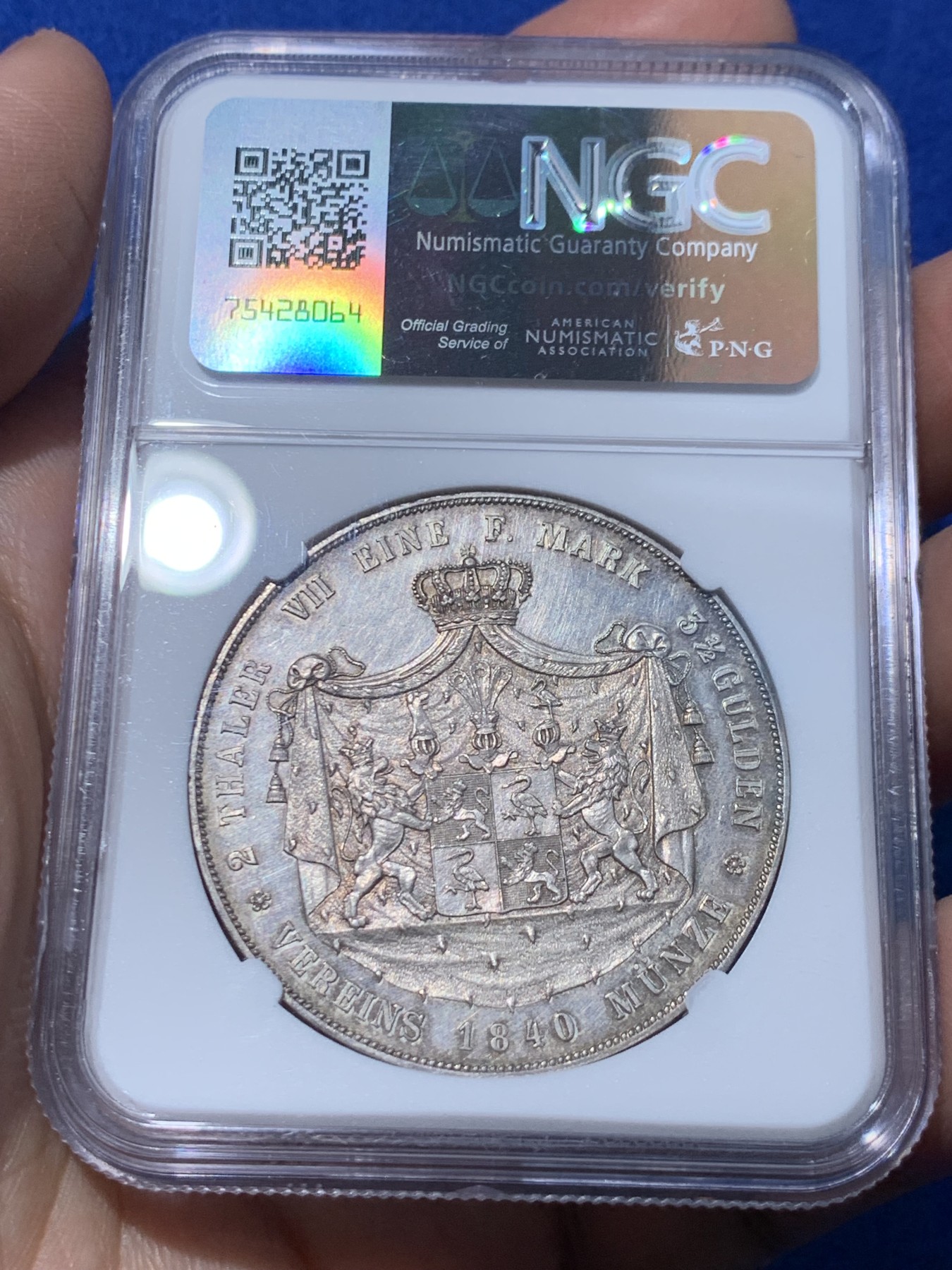 《竞宝斋》第251场-周日，周一2场连拍 (全场包邮) NGC MS62 德国 1840 罗伊斯公国 海因里希六世 2泰勒大银币 根据资料记录只发行2年，1840年只发行量2750枚 稀见品种