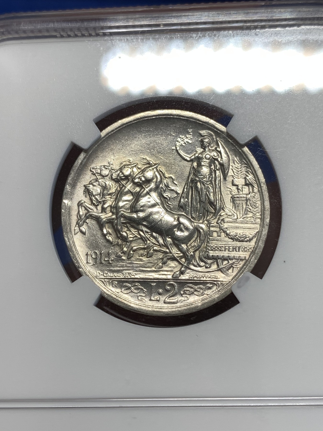 《竞宝斋》第251场-周日，周一2场连拍 (全场包邮) NGC MS61 意大利1914年马车2里拉银币