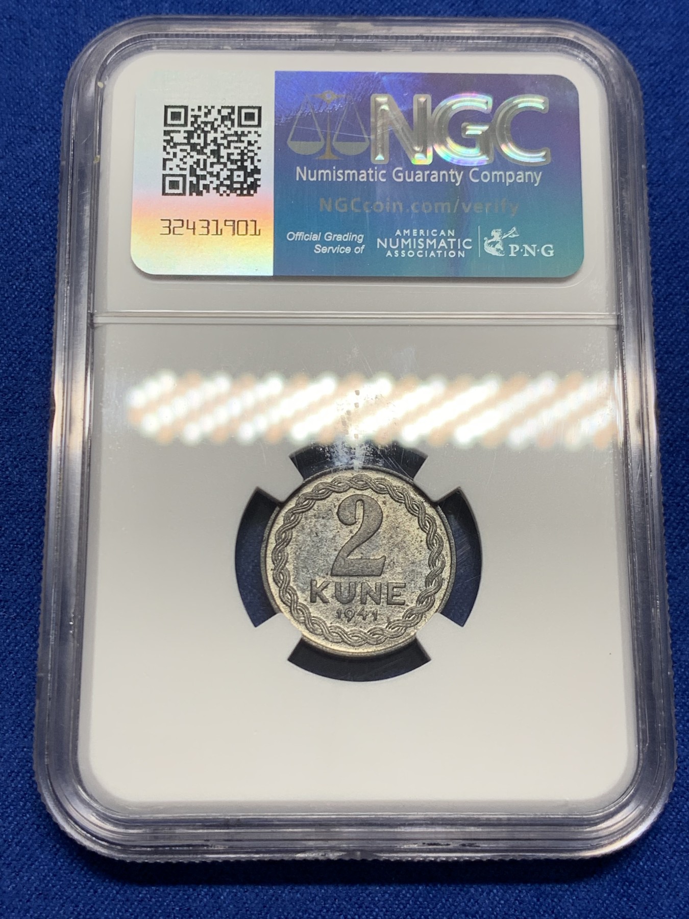 《竞宝斋》第251场-周日，周一2场连拍 (全场包邮) NGC MS62 1941年克罗地亚2库那锌币