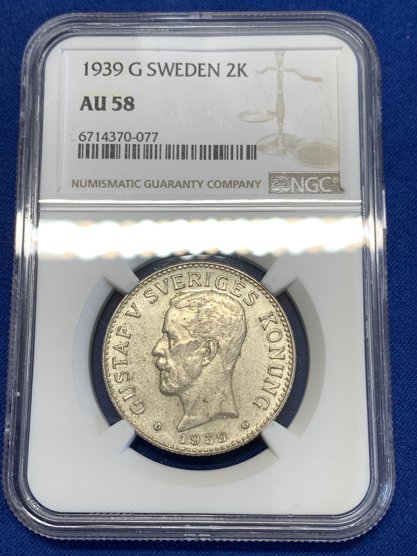 《竞宝斋》第251场-周日，周一2场连拍 (全场包邮) NGC AU58 瑞典1939年古斯塔夫5世 2克朗银币