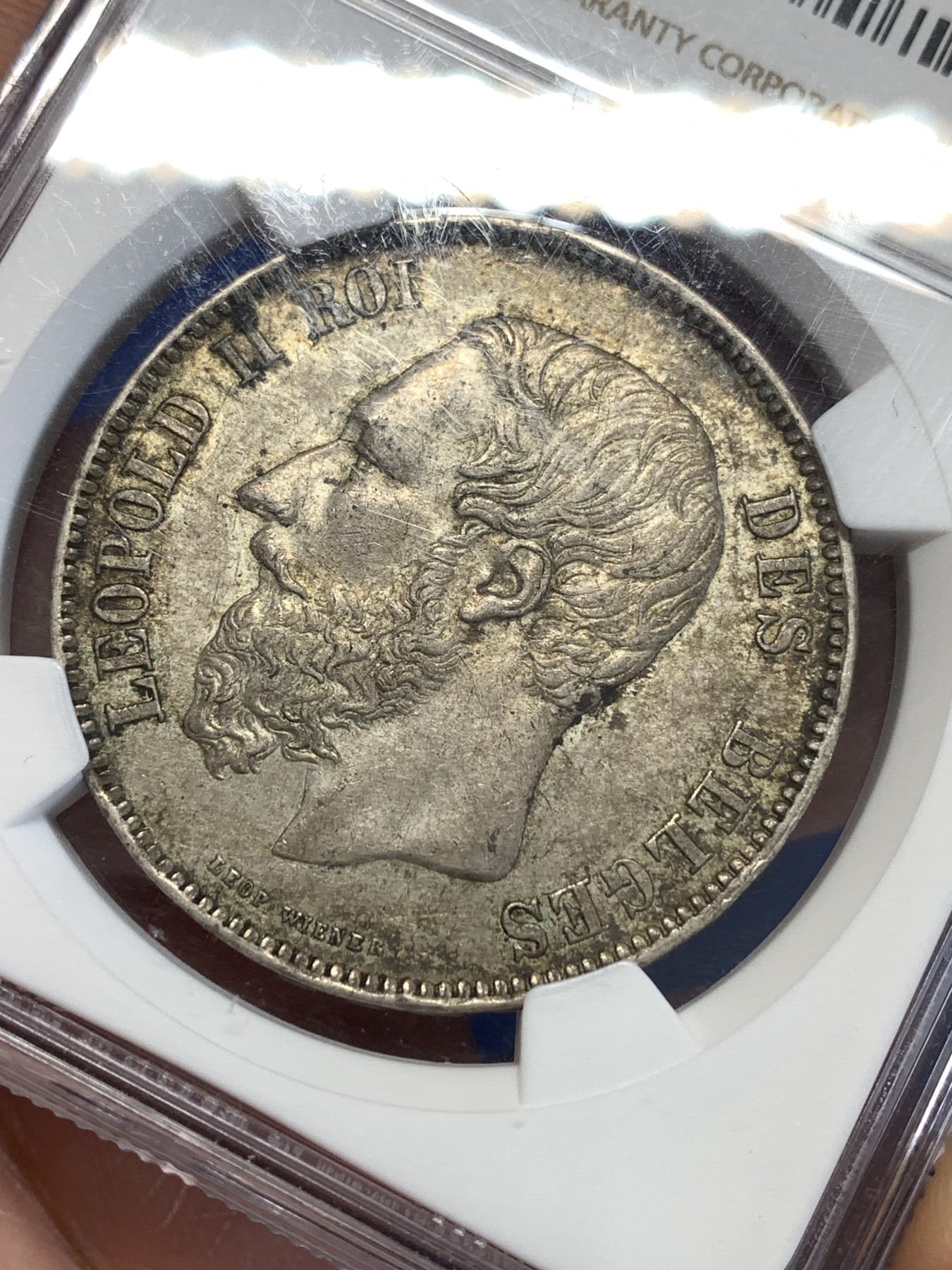 《竞宝斋》第251场-周日，周一2场连拍 (全场包邮) NGC UNCD 比利时 1868年 利奥波德二世 （小头版）5法郎大银币