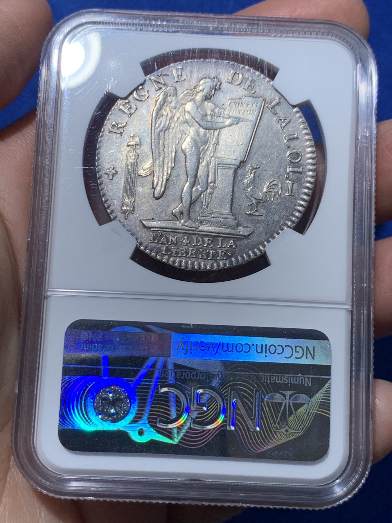 《竞宝斋》第251场-周日，周一2场连拍 (全场包邮) NGC MS61 法国1792年少见利摩日厂天使埃居银币 南部薰衣草凝紫包浆 头像深耸无矫正痕打制完美 这个品种没有矫正痕的好品难以觅得