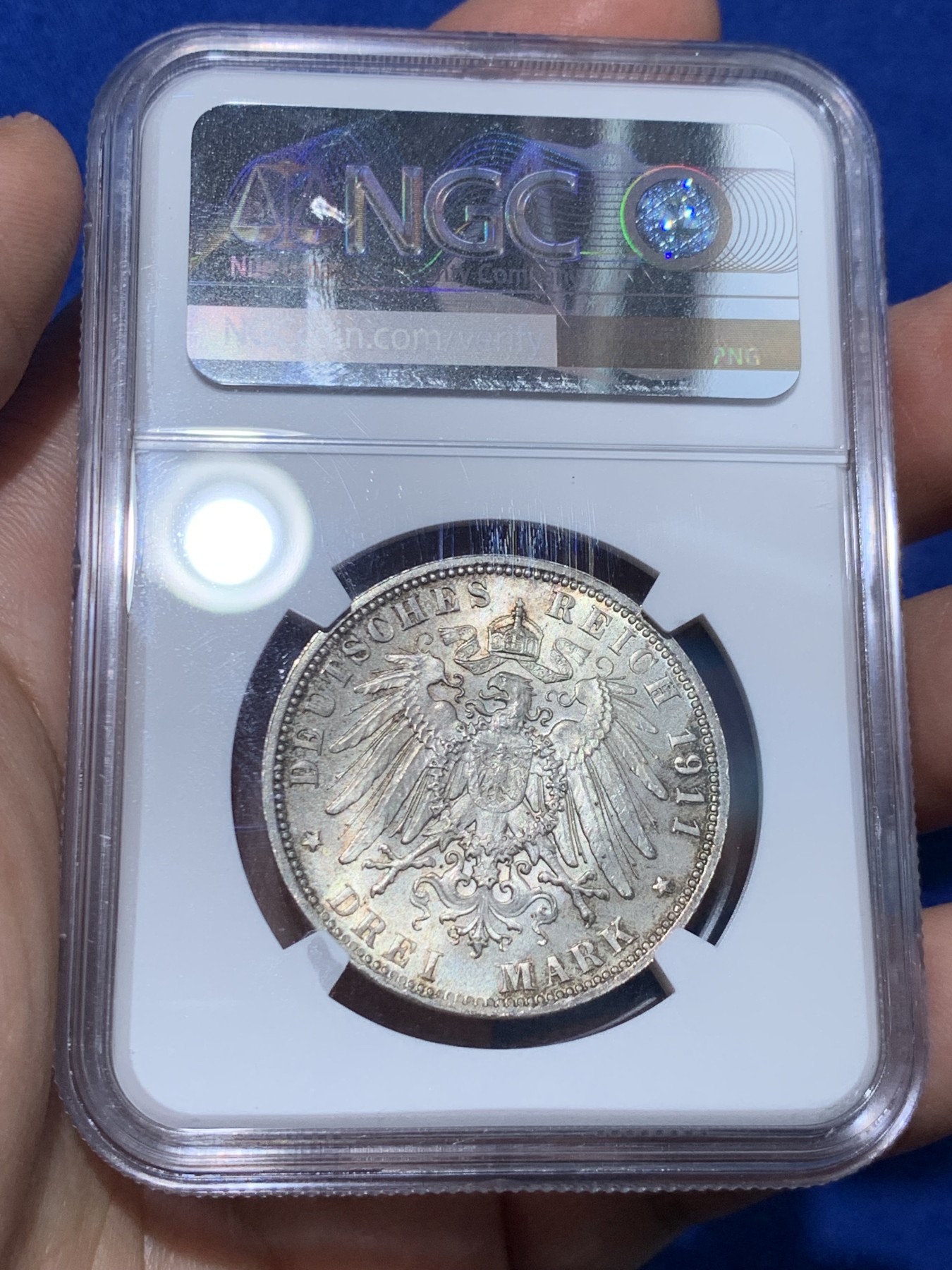 《竞宝斋》第251场-周日，周一2场连拍 (全场包邮) NGC MS64 德国巴伐利亚1911年利奥波德90岁寿辰3马克银币