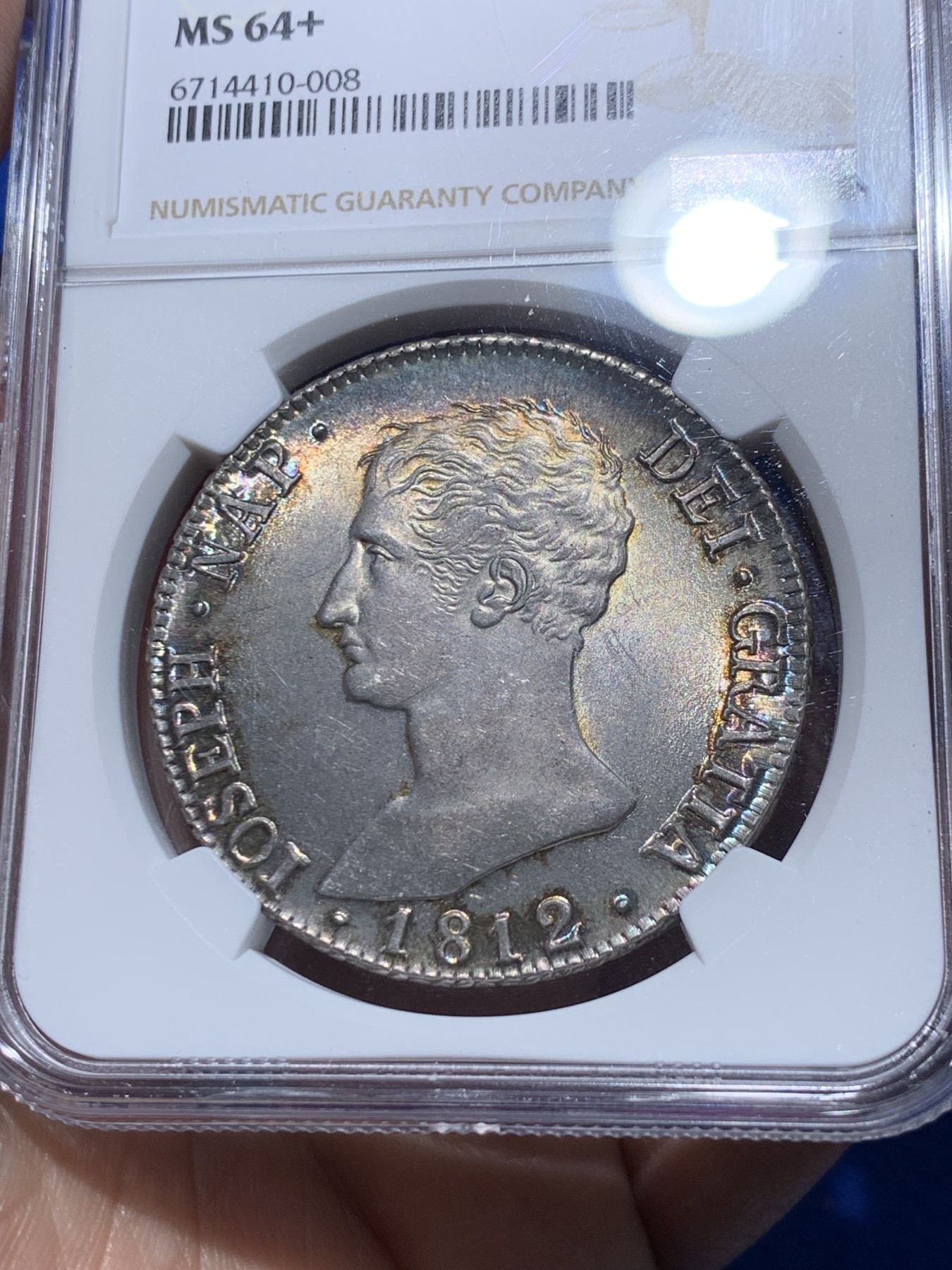 《竞宝斋》第251场-周日，周一2场连拍 (全场包邮) 唯一亚军分 NGC MS64+ 1812年 法占西班牙 约瑟夫拿破仑20R银币，细节极佳 发丝清晰 五彩包浆 底板如绸