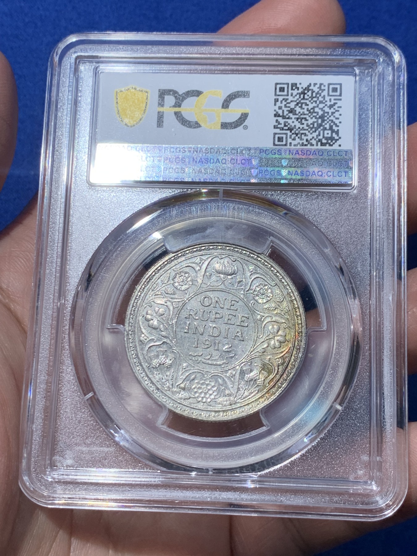 《竞宝斋》第251场-周日，周一2场连拍 (全场包邮) PCGS MS64 英属印度 1912年(B)1卢比银币 乔治五世 币面有少见氧化彩，非一般白币