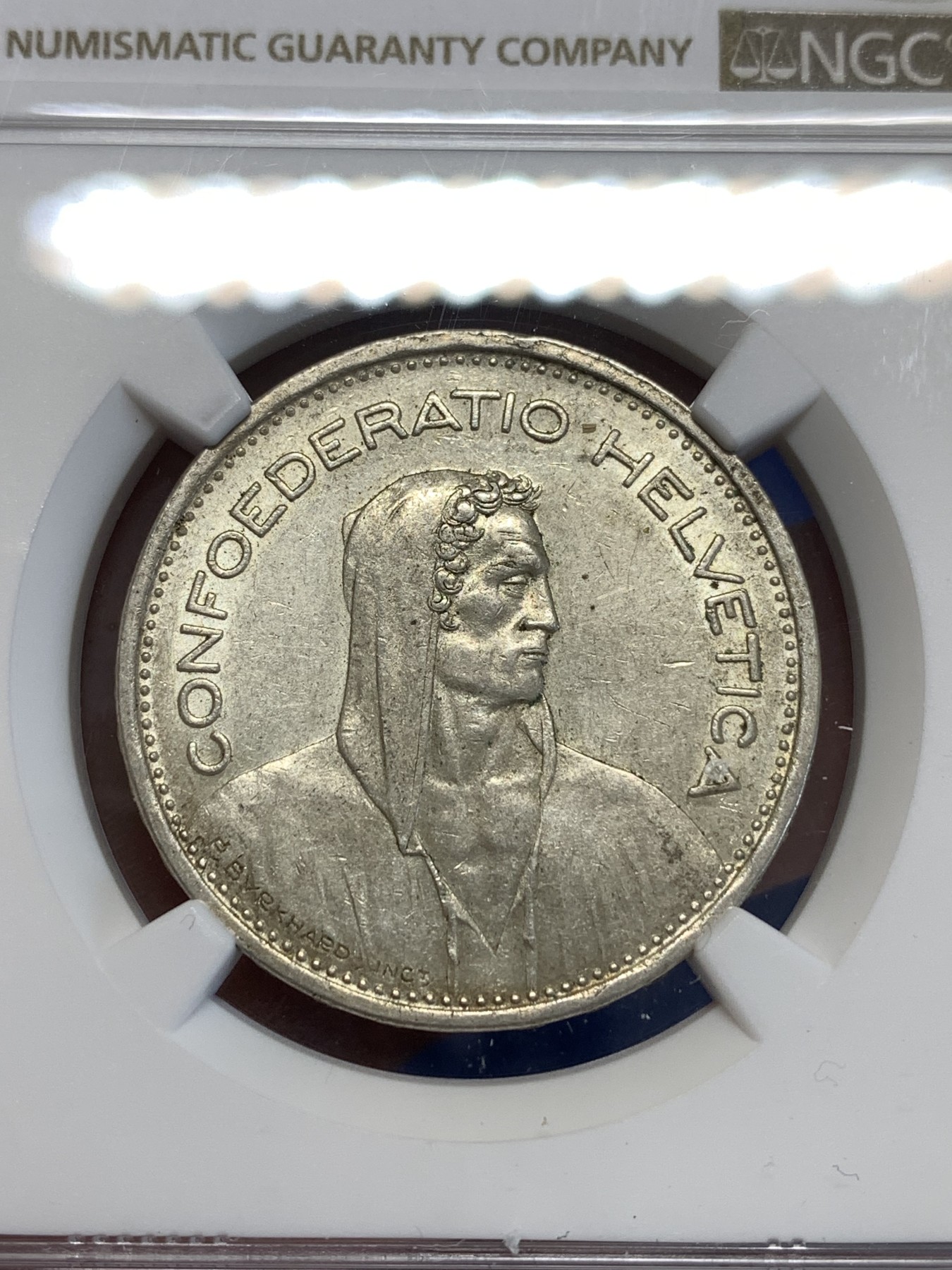 《竞宝斋》第251场-周日，周一2场连拍 (全场包邮) NGC AU58 瑞士1939年威廉泰尔5法郎银币