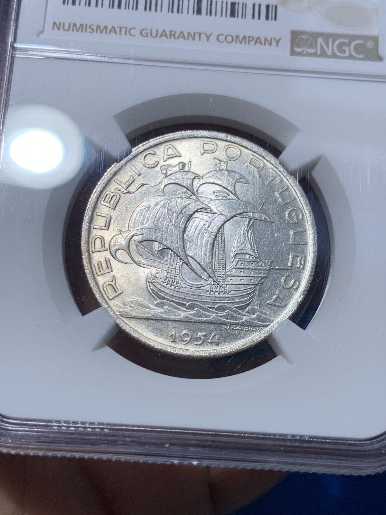 《竞宝斋》第251场-周日，周一2场连拍 (全场包邮) NGC MS65 葡萄牙1954年大帆船10埃斯库多银币